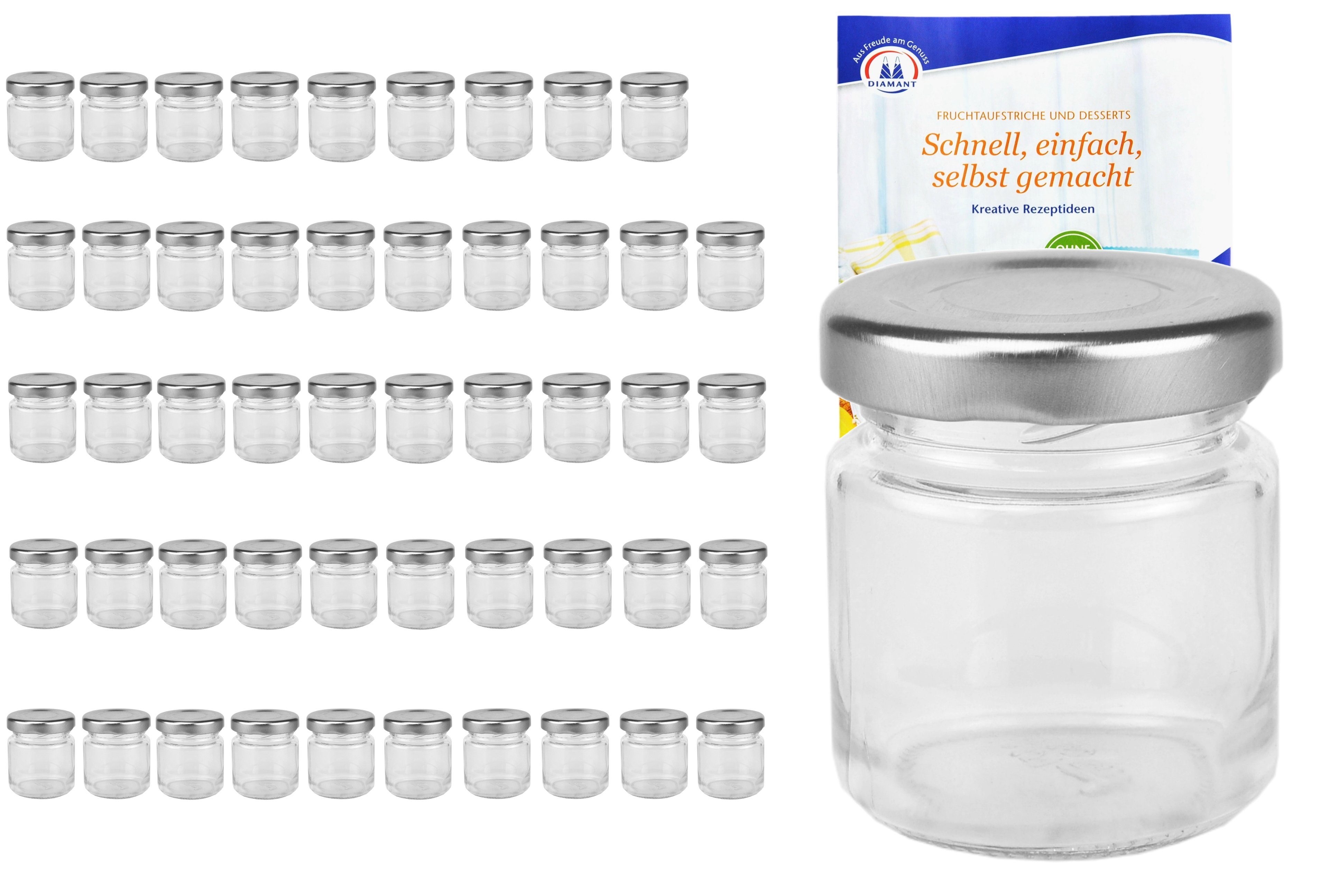 MamboCat Einmachglas Deckel 43 50er Set silberner Glas Rezeptheft, 53 ml To incl. Sturzglas
