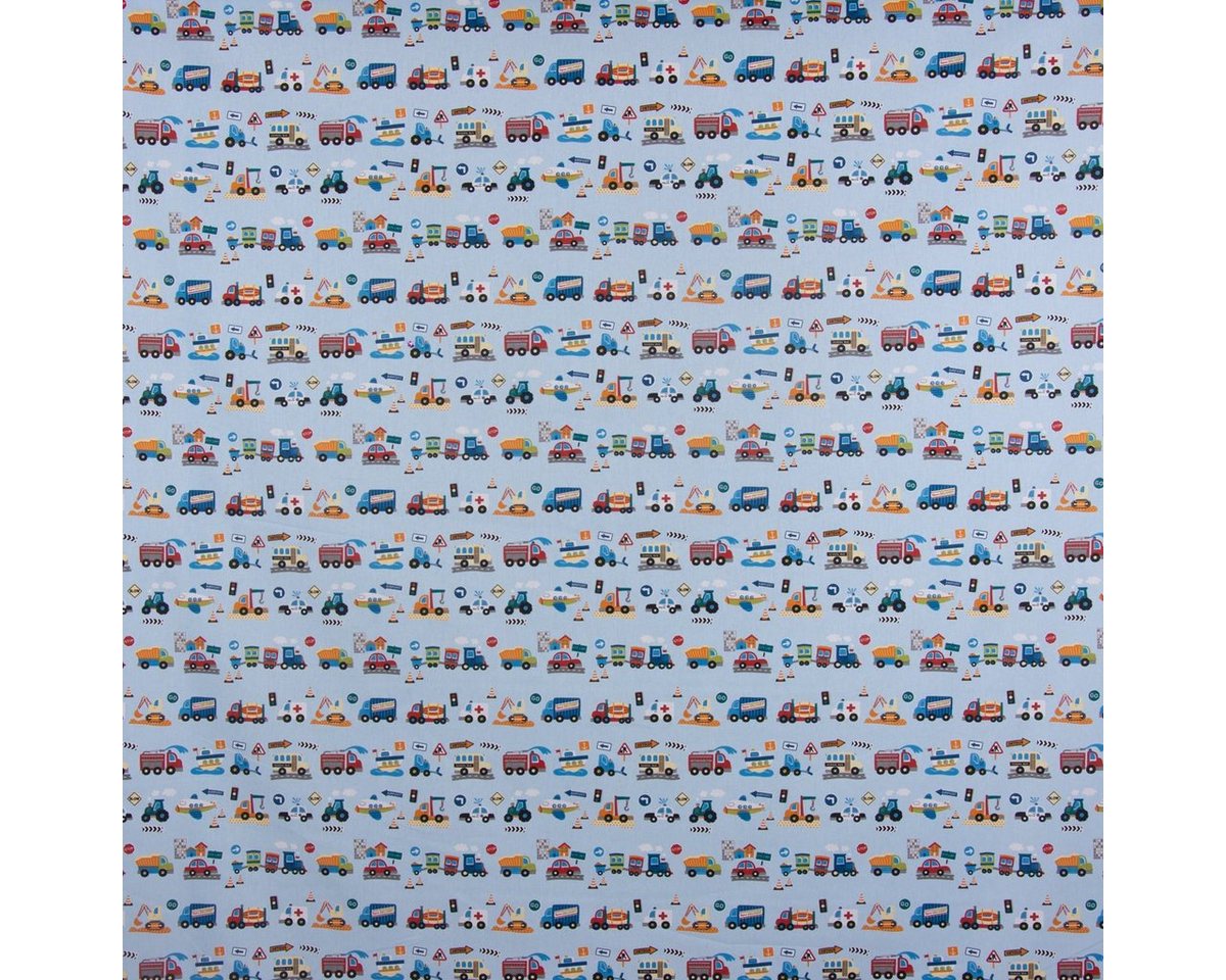 Thumbnail - SCHÖNER LEBEN. Stoff Dekostoff Fahrzeuge Bagger Krankenwagen Auto Zug hellblau bunt 1,6m