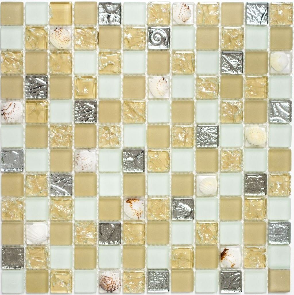 Mosani Mosaikfliesen Muschelmosaik Mosaikfliesen weiss matt beige silber Glasmosaik