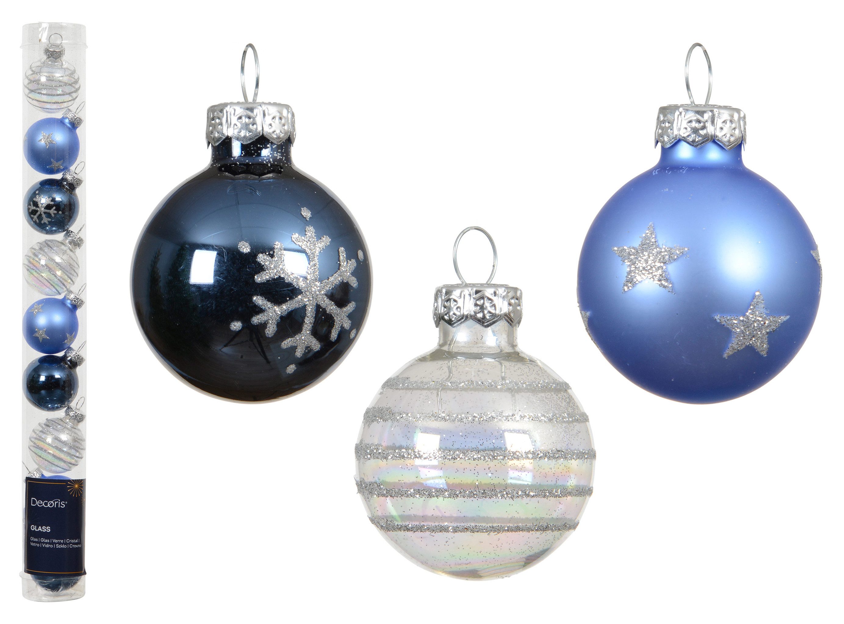 Kaemingk Weihnachtsbaumkugel, Weihnachtskugeln Glas mit Motiven 3cm 9er Set Blau / Weiß Mix