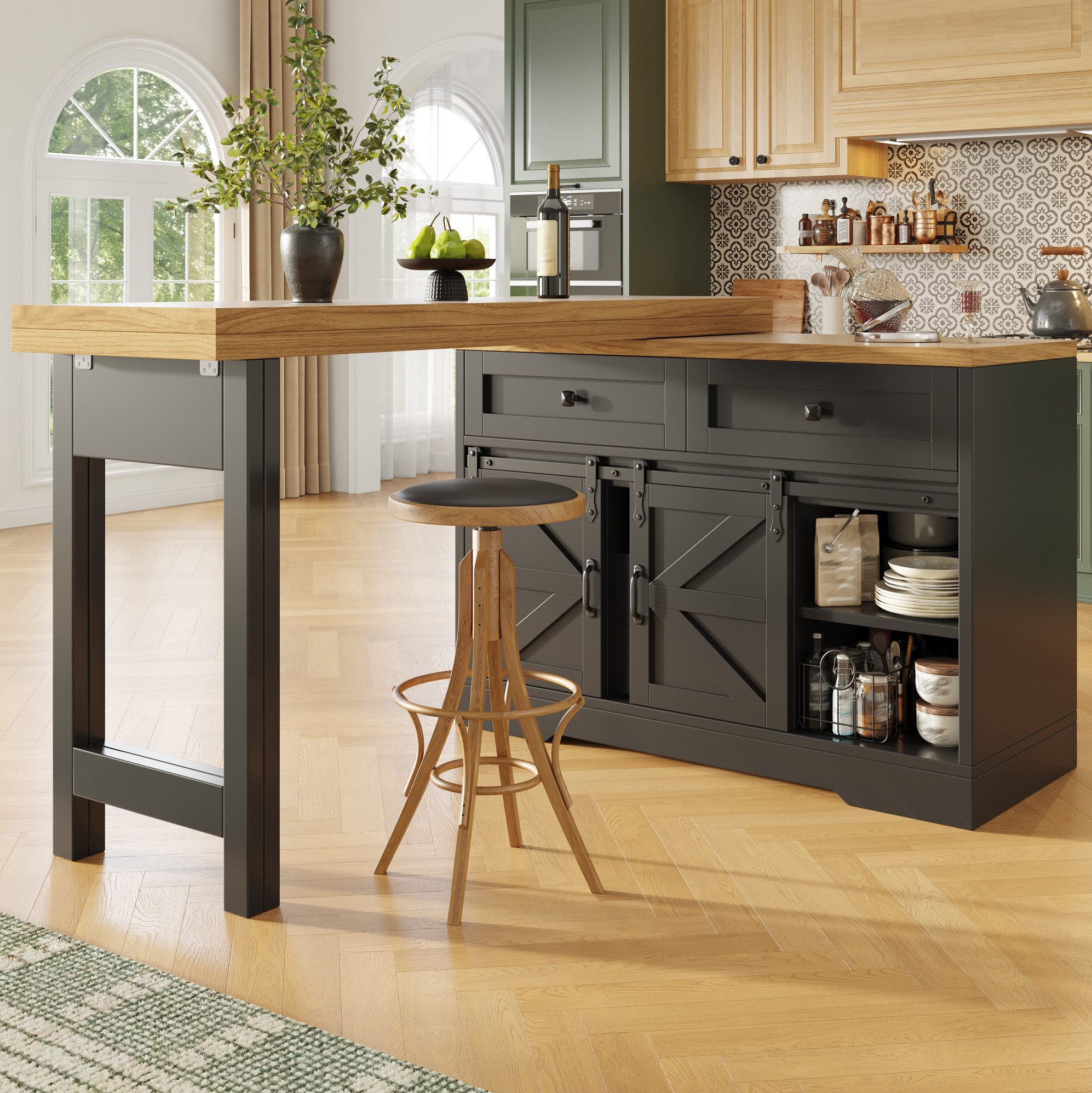 OKWISH Kücheninsel Multifunktionaler Esstisch mit Seiten-Schrank und Drehpaneelen, (2-in-1 Tischlösung mit Scheunentor-Schranktür im modernen Stil), Küchenmöbel Kombination mit versteckten Schubladen und Stauraum