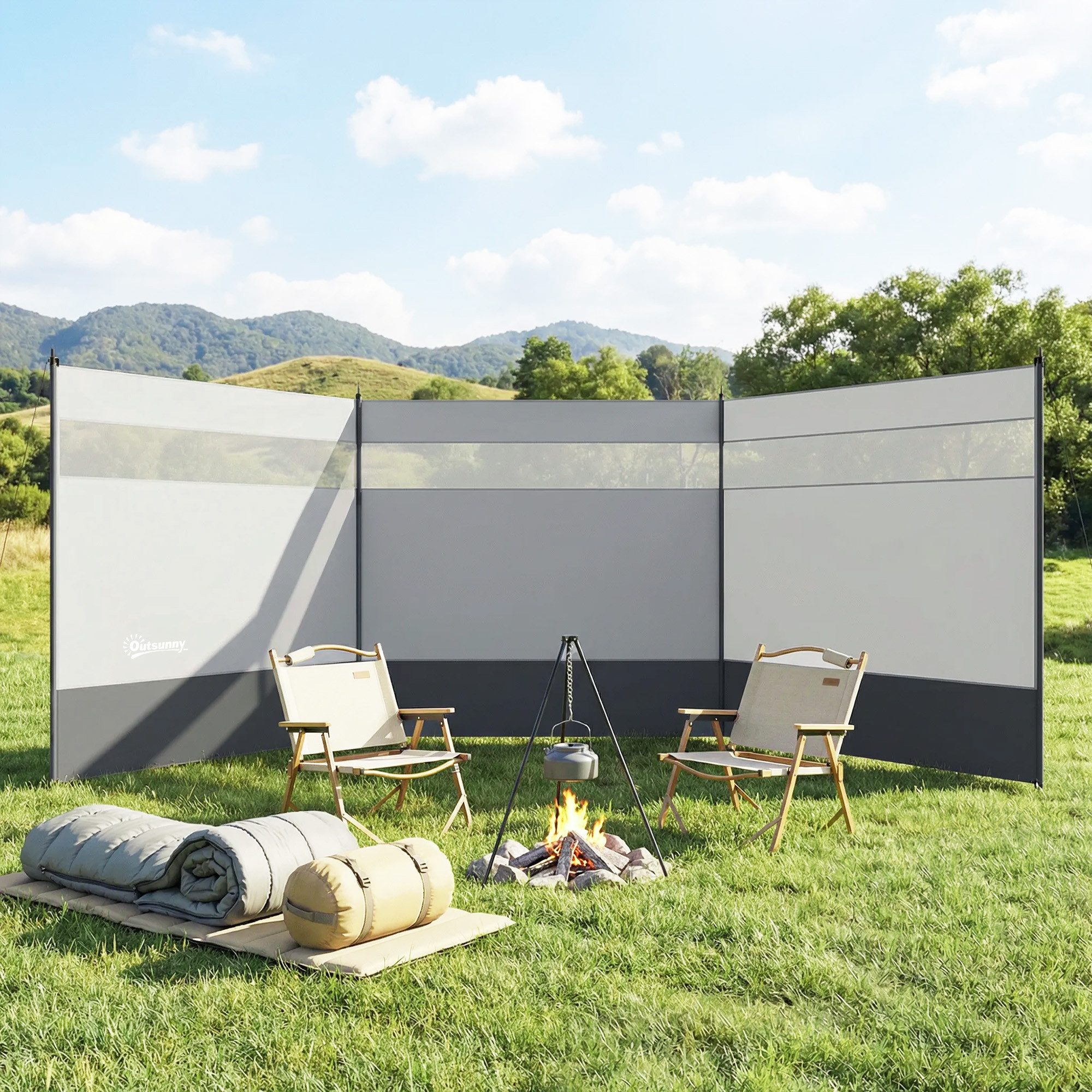 Outsunny Windschutz Strandwindschutz faltbar Sichtschutz mit Lichtquellenfenster grau, (faltbar Sichtschutz, 3 tlg., Sonnenschutz), für Camping Garten, Strand, Terrasse 440 x 140 cm Grau