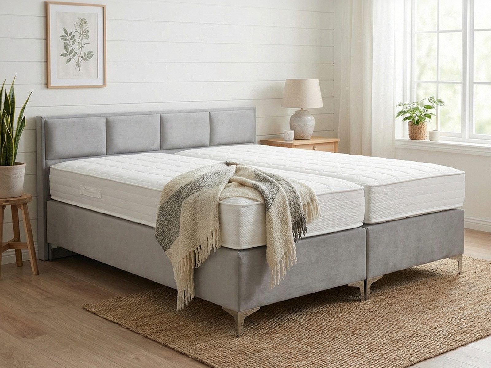 PAARA Boxspringbett mit niedrigem Kopfteil mit Matratze mit integrierten Topper, mit innovativem Belüftungssystem