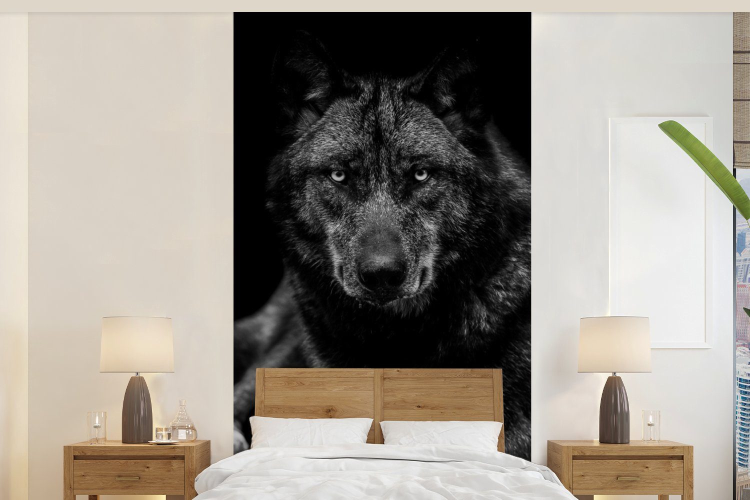 MuchoWow Fototapete Tiere - Wolf - Schwarz - Weiß - Porträt, Matt, bedruckt, (2 St), Vliestapete für Wohnzimmer Schlafzimmer Küche, Fototapete