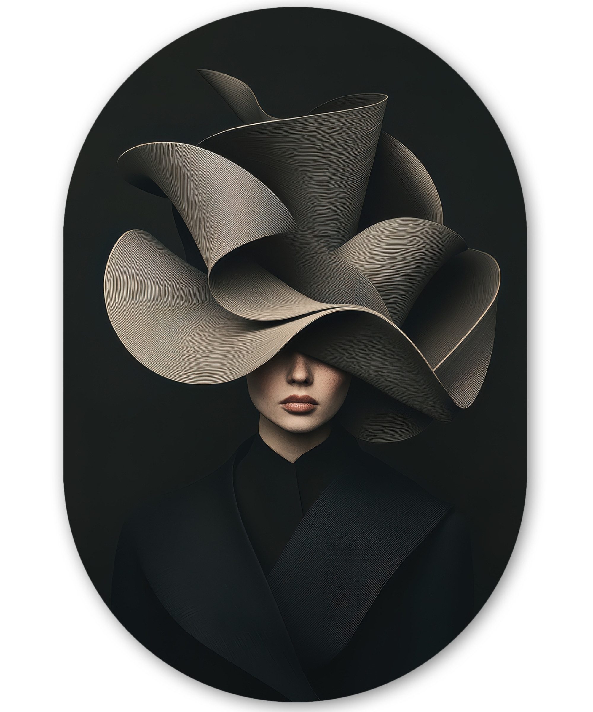 MuchoWow Gemälde Schwarz - Hut - Frau, Fotodruck (1 St), Wandbild Oval, Wohnzimmer oder Schlafzimmer Wanddekoration, 40x60 cm