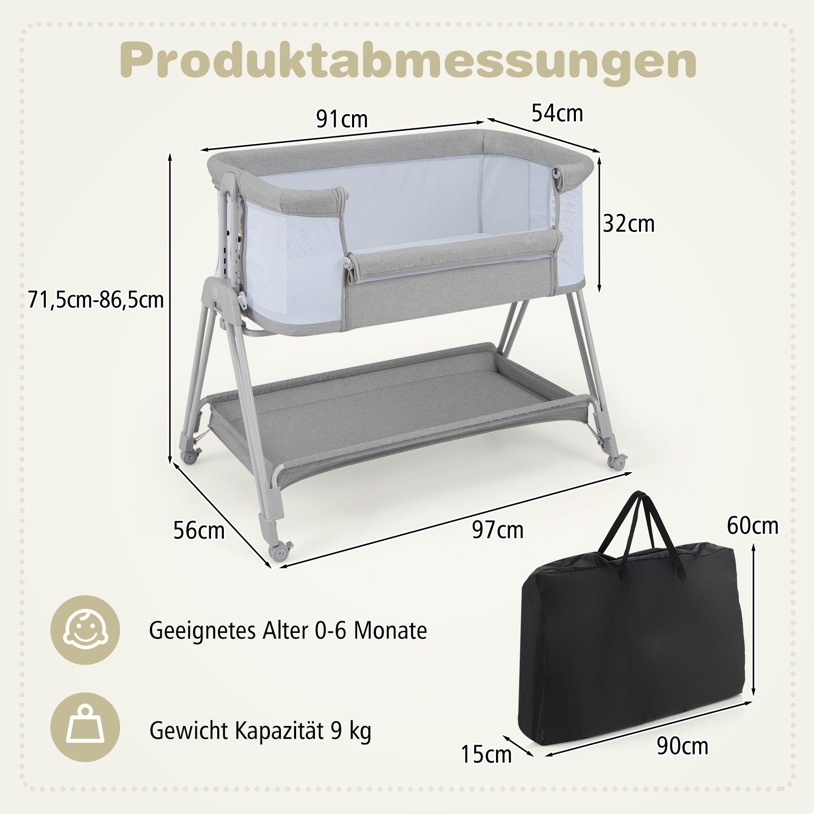 COSTWAY Beistellbett 2 in 1 Reisebett, 7-stufig höhenverstellbar – Bild 5 von 5