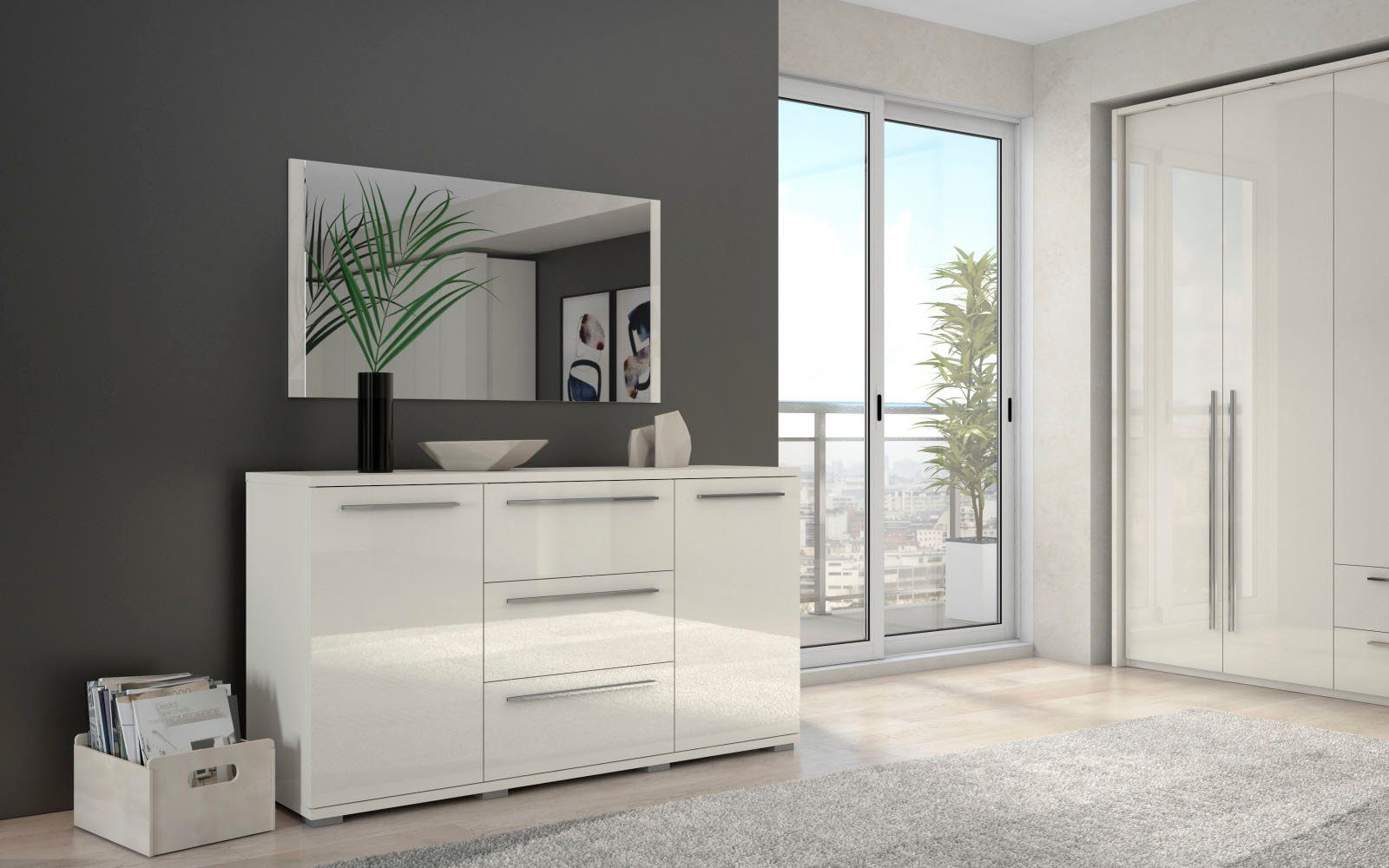 Places of Style Sideboard Piano, Kombikommode, 2-türig mit 3 Schubladen, 153x45x85cm, UV lackiert, hochglänzend, Soft-Close Funktion