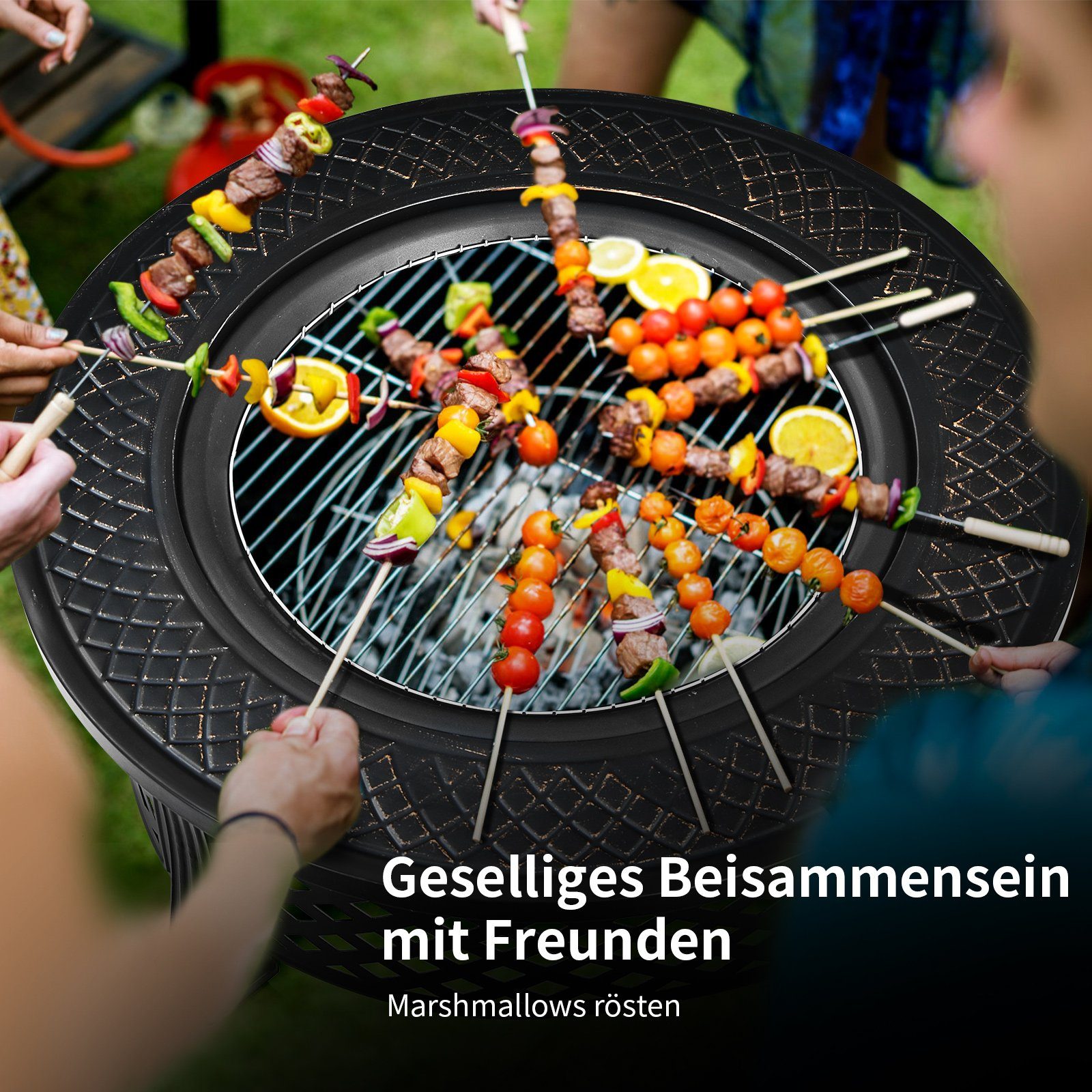 COSTWAY Feuerschale, mit Funkenschutz, Grillplatte & Schürhaken, 81cm, Metall