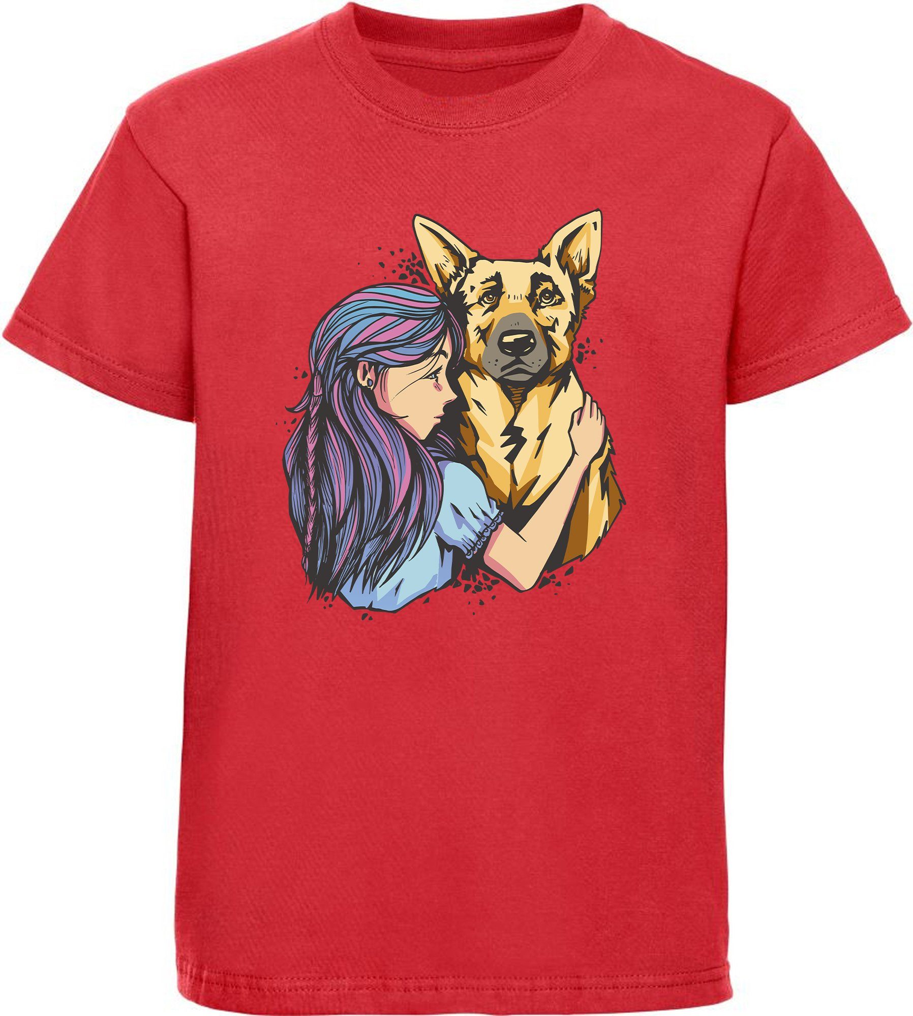 MyDesign24 T-Shirt Kinder Hunde Print Shirt bedruckt - Schäferhund mit Mädchen Baumwollshirt mit Aufdruck, i258 rot