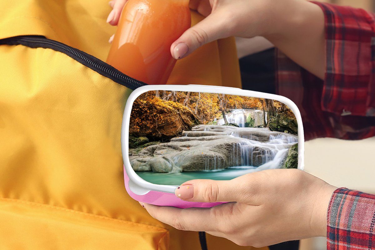 MuchoWow Lunchbox rosa für Brotdose Wald (2-tlg), Herbst, Kunststoff Snackbox, Kunststoff, - Wasserfall Kinder, Mädchen, - Brotbox Erwachsene