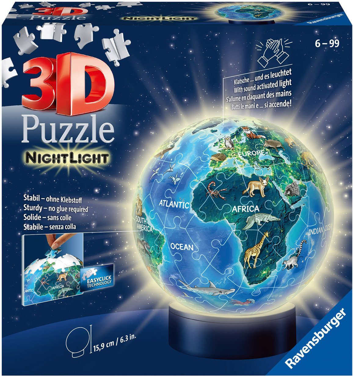 Ravensburger Puzzleball Nachtlicht Erde bei - mit 72 - Wald Leuchtsockel schützt weltweit inkl. LEDs; Puzzleteile, Nacht, FSC®