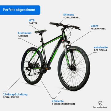 bergsteiger Mountainbike Makalu 26 Zoll Mountainbike Aluminium, geeignet ab 150 cm, 21 Gang Shimano Tourney RD-TY300 Schaltwerk, Kettenschaltung