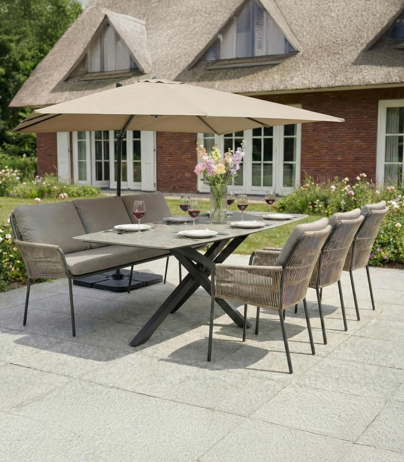 Outdoor Gartenbank COMO, Anthrazit, Beige, Grau, Aluminiumgestell, Olefin, Seilbespannung, mit Kissen, B 198 x H 86 x T 59 cm