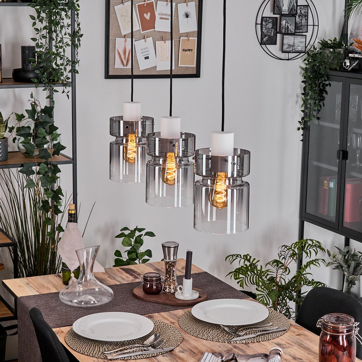 hofstein Hängeleuchte 3-flammige Hängelampe aus Metall/Glas in Weiß/Rauchfarben/Klar, ohne Leuchtmittel, Retro/Vintage-Design (15 cm), E27, Pendelleuchte verstellbar 150 cm