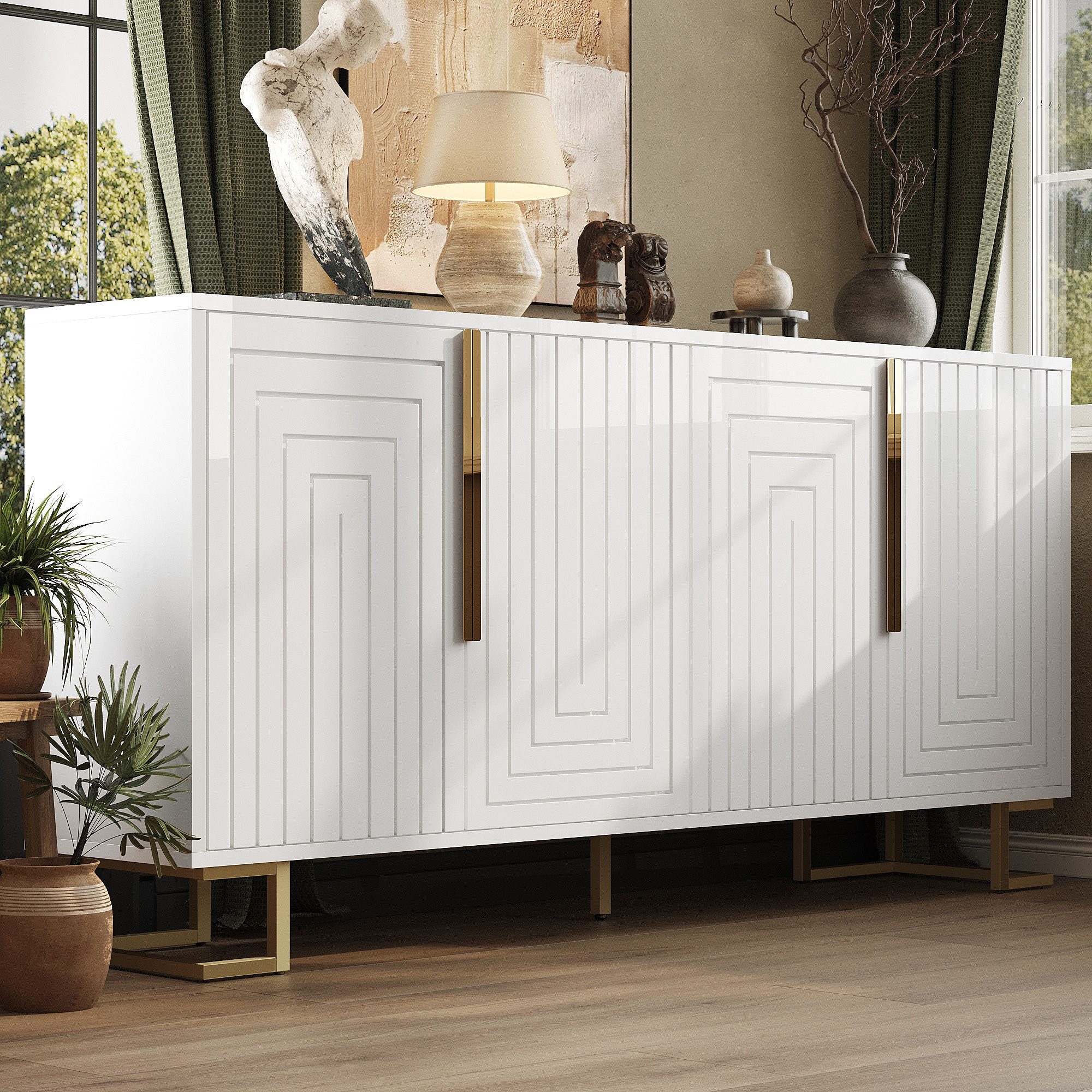 HAUSS SPOLE Sideboard einzigartiges geometrisches Design und goldene Griffe und Füße weiß (Elegantes Sideboard mit geometrischem Design, goldenen Akzenten und Kippschutz)