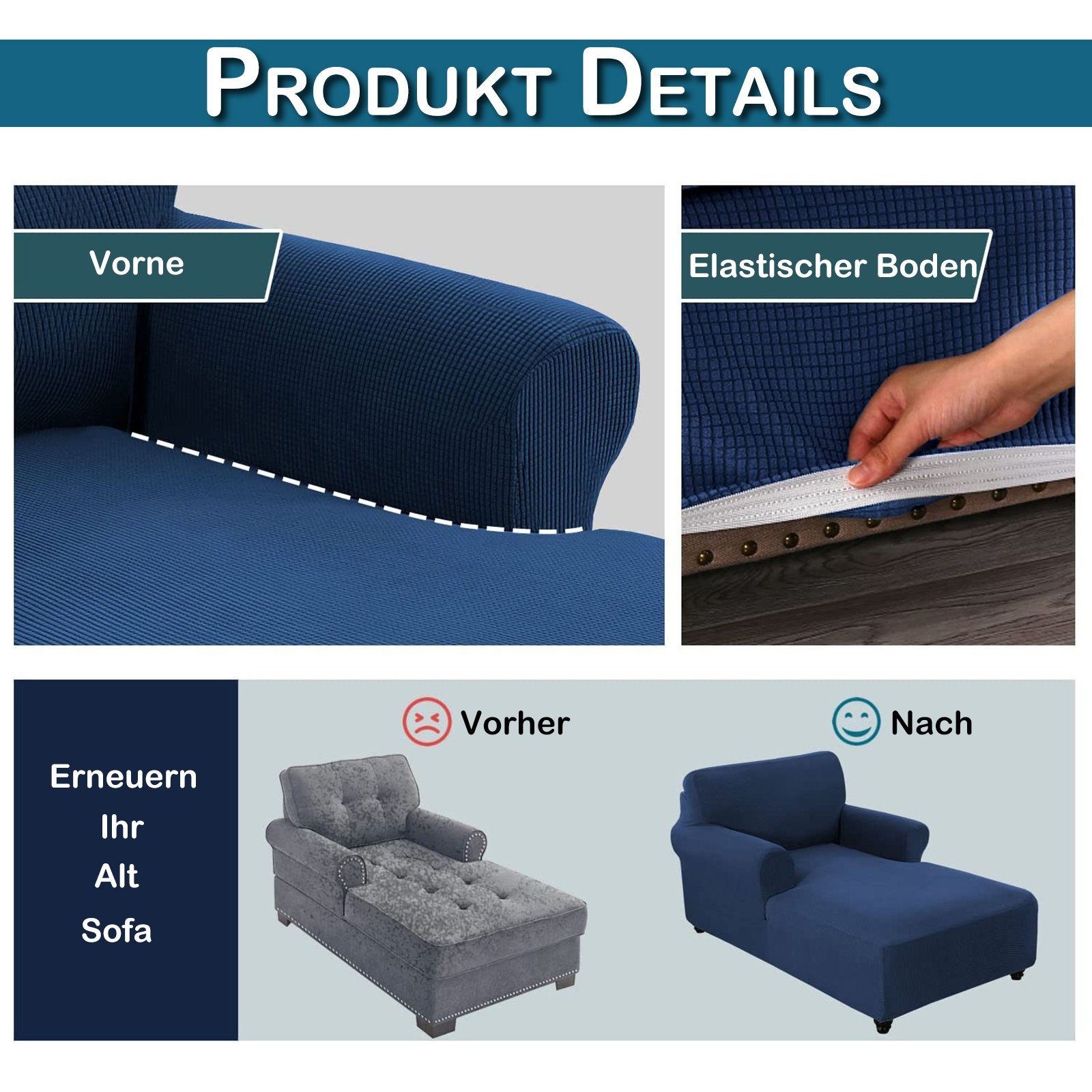 Sofahusse Lounge Bezug für Chaise Qelus Strecken Armlehnen Chaiselongue, Schonbezug Marineblau