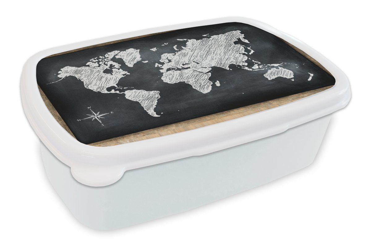 MuchoWow Lunchbox Weltkarte - Wandtafel - Kreide, Kunststoff, (2-tlg), Brotbox für Kinder und Erwachsene, Brotdose, für Jungs und Mädchen weiß