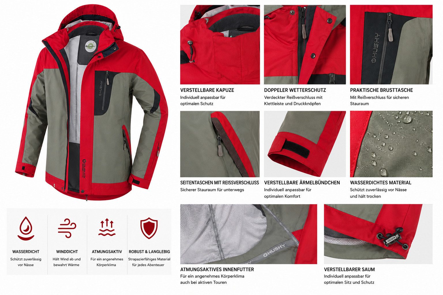 Husky Outdoorjacke LIVAST Herren Regenjacke Wanderjacke Trekking robust rot oliv Gr. L abnehmbare Kapuze