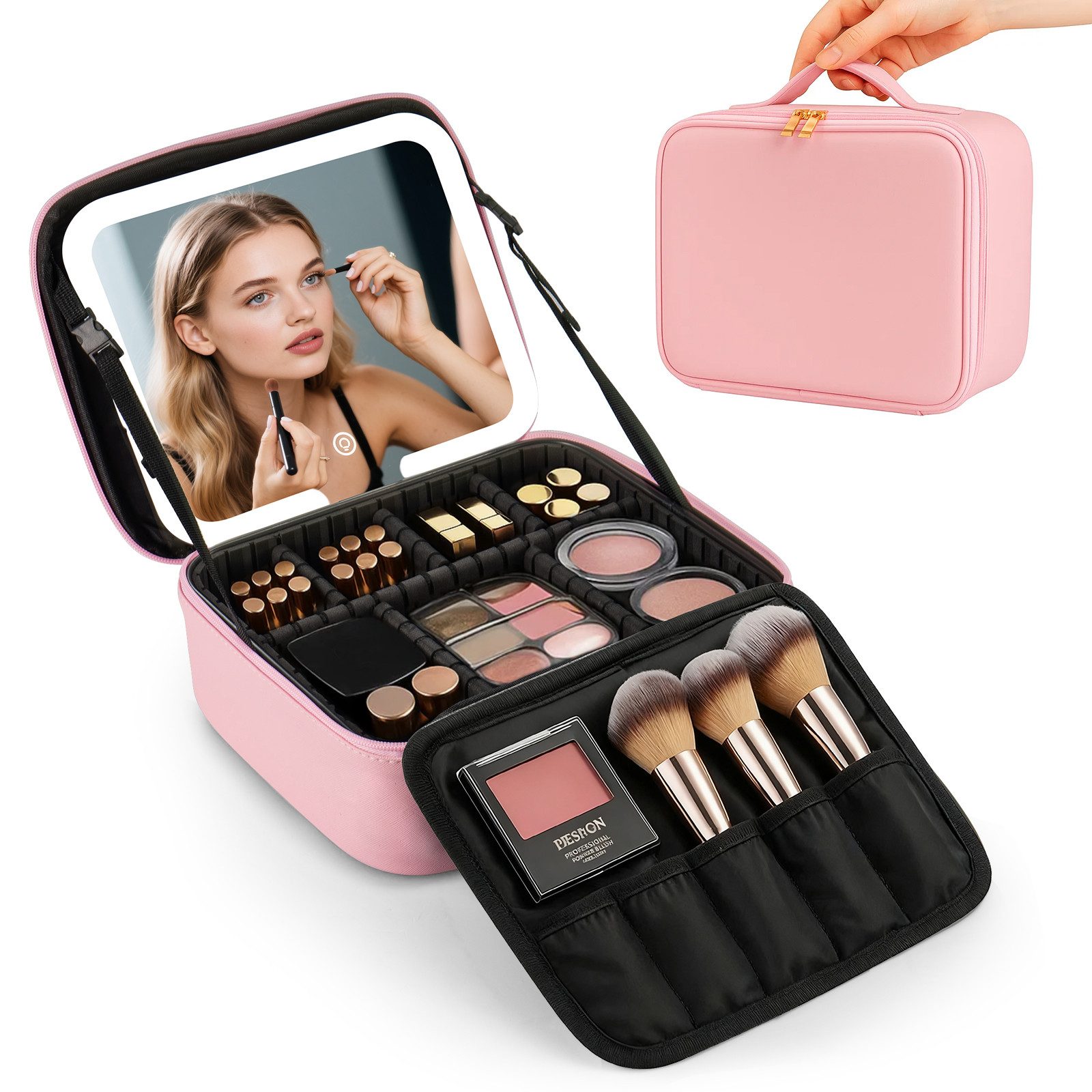Youyijia Aufbewahrungsbox Reise Make-up Tasche mit LED Spiegel, 3 Lichtfarben & Dimmbar