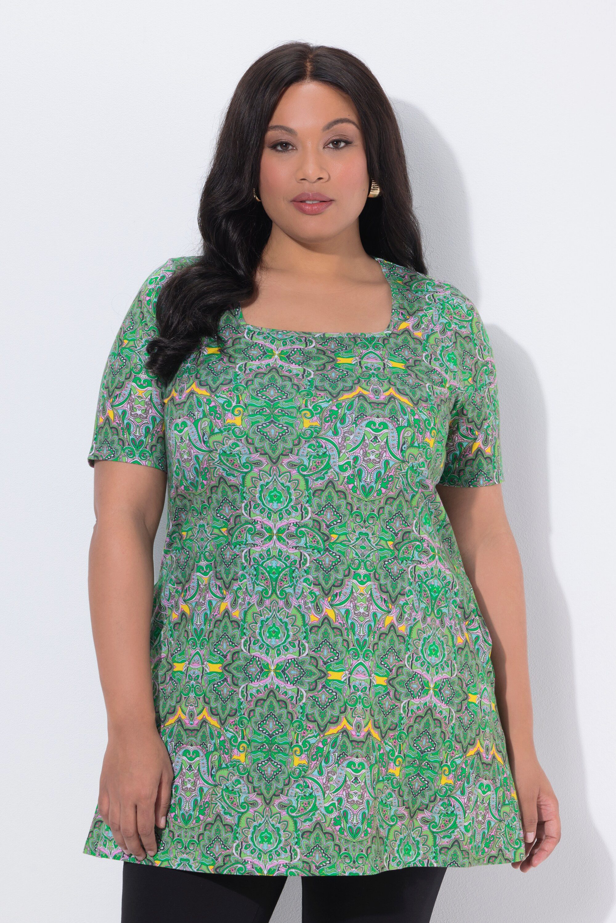 Longshirt Longshirt A-Linie Carré-Ausschnitt Halbarm