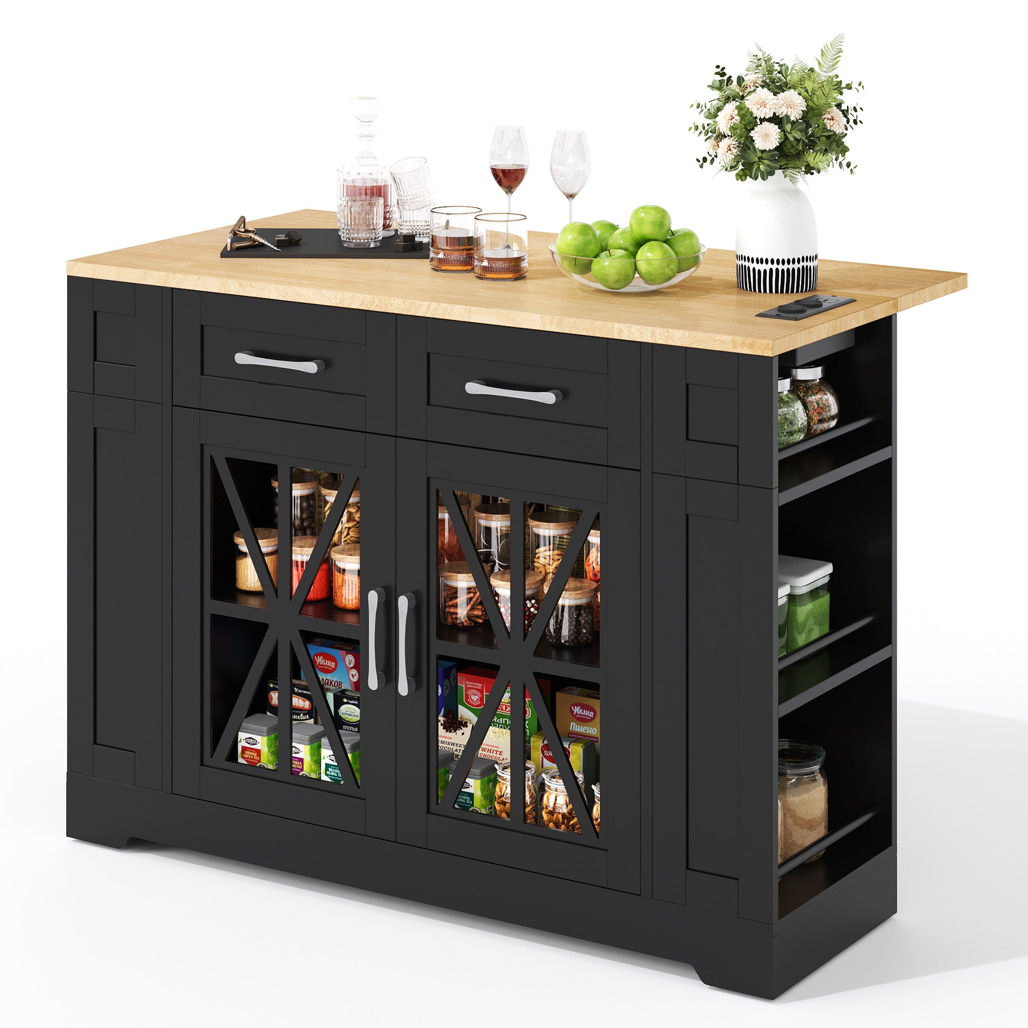 kowdom Kücheninsel Kücheninsel 120 cm klappbar USB AC Rollen weiß, klappbar, tragbar, AC-Steckdosen, 6 offene Regalböden, Glastüren