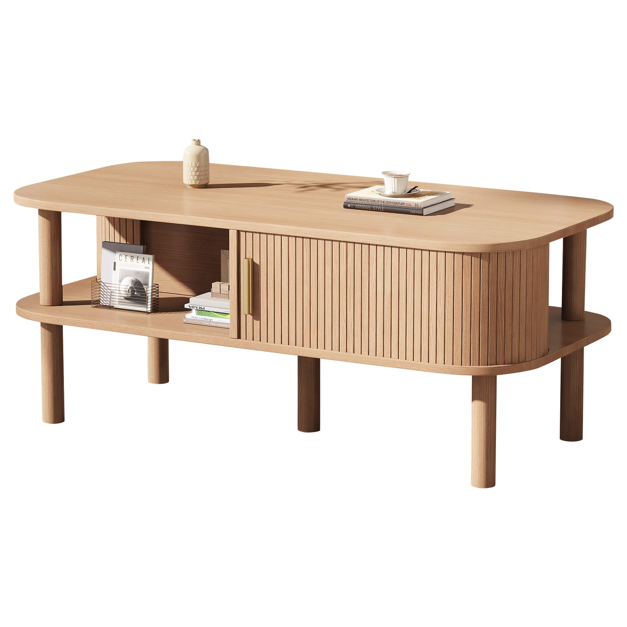 Merax Couchtisch in Holzoptik, Skandinavischer Beistelltisch Satztisch (1-St), Wohnzimmertisch mit Schiebetür, Stauraum & Holzbeinen, 110×55×45cm