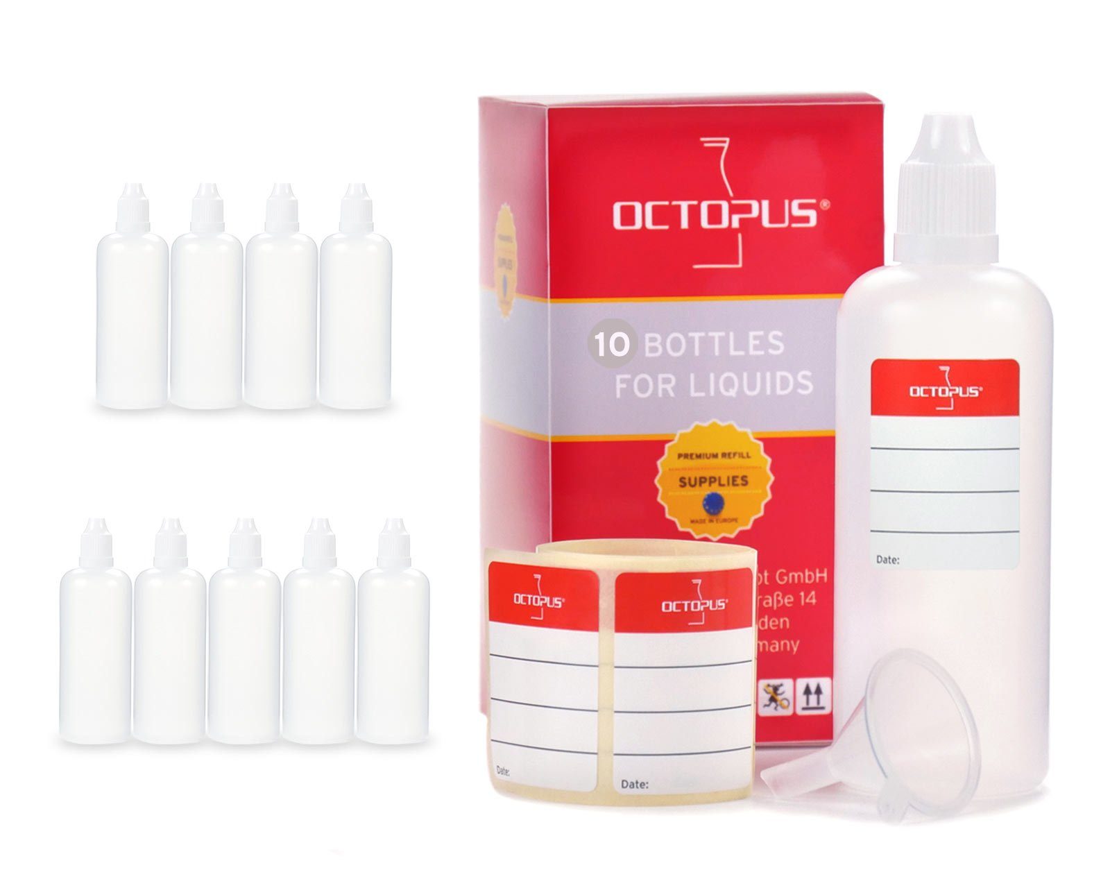 OCTOPUS Kanister 10 Plastikflaschen 100 ml LDPE, G14, Tropfeinsatz, Deckel weiß, 1 (10 St)