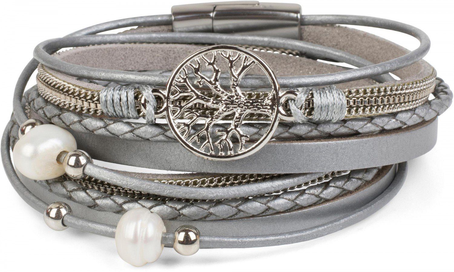 styleBREAKER Wickelarmband (1-tlg), Wickelarmband mit Perlen, Kette & Lebensbaum