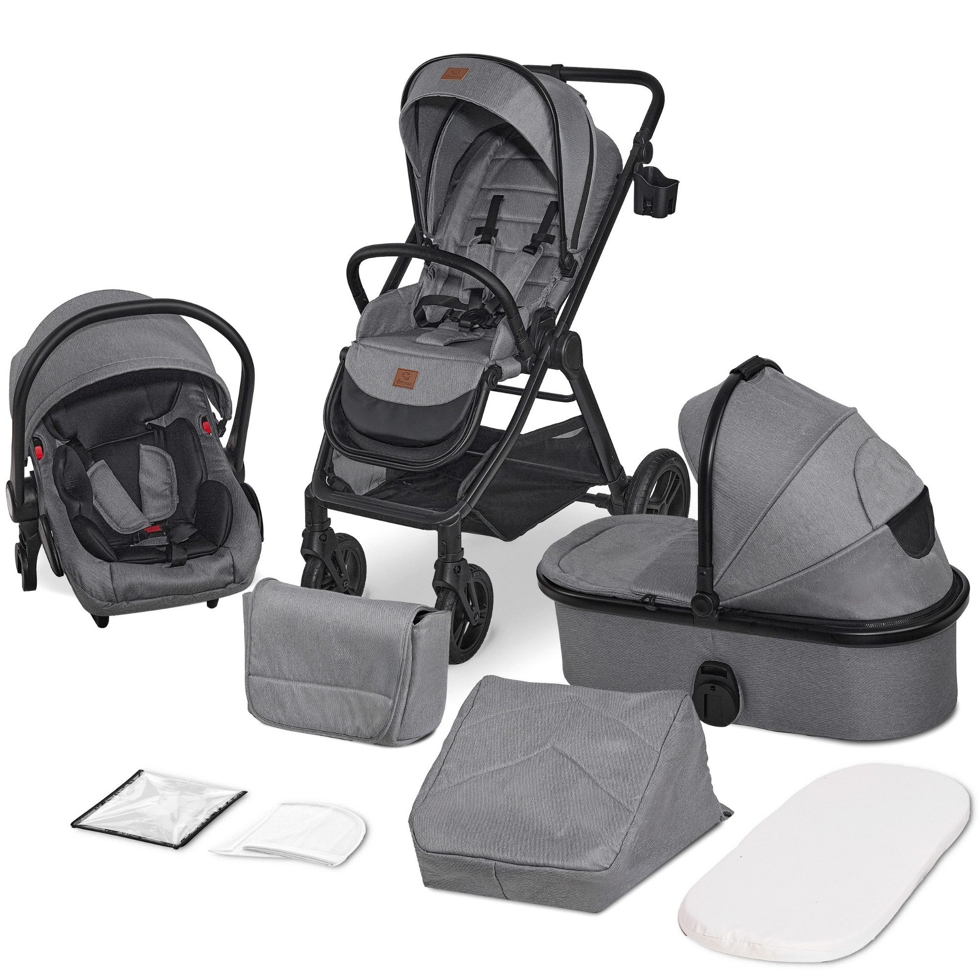 Bronea Kombi-Kinderwagen ELEGANCE 3-Tlg Kombi-Kinderwagen - Babywanne, Buggy & Auto-Babyschale, (Große Räder - leicht klappbar - verstellbare Fahrtrichtung - 0-22kg), Komplettset mit Zubehör, faltbar, leicht & stylisch, Schwarz/Grau