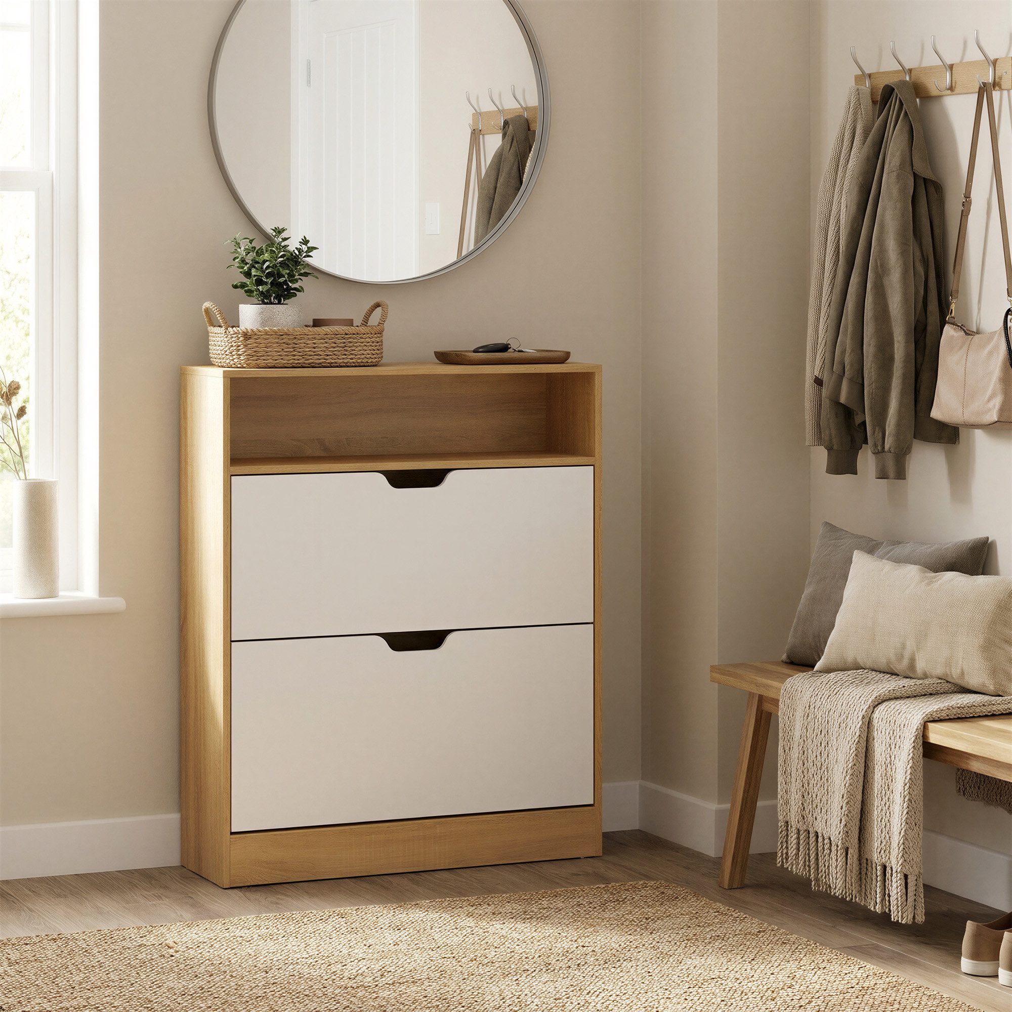 VASAGLE Schuhschrank Schuhkipper schmal, 2 oder 3 Klappen, offens Fach oben Trennwand verstellbar, Höhe 102/139 cm, bis EU-Größe 45