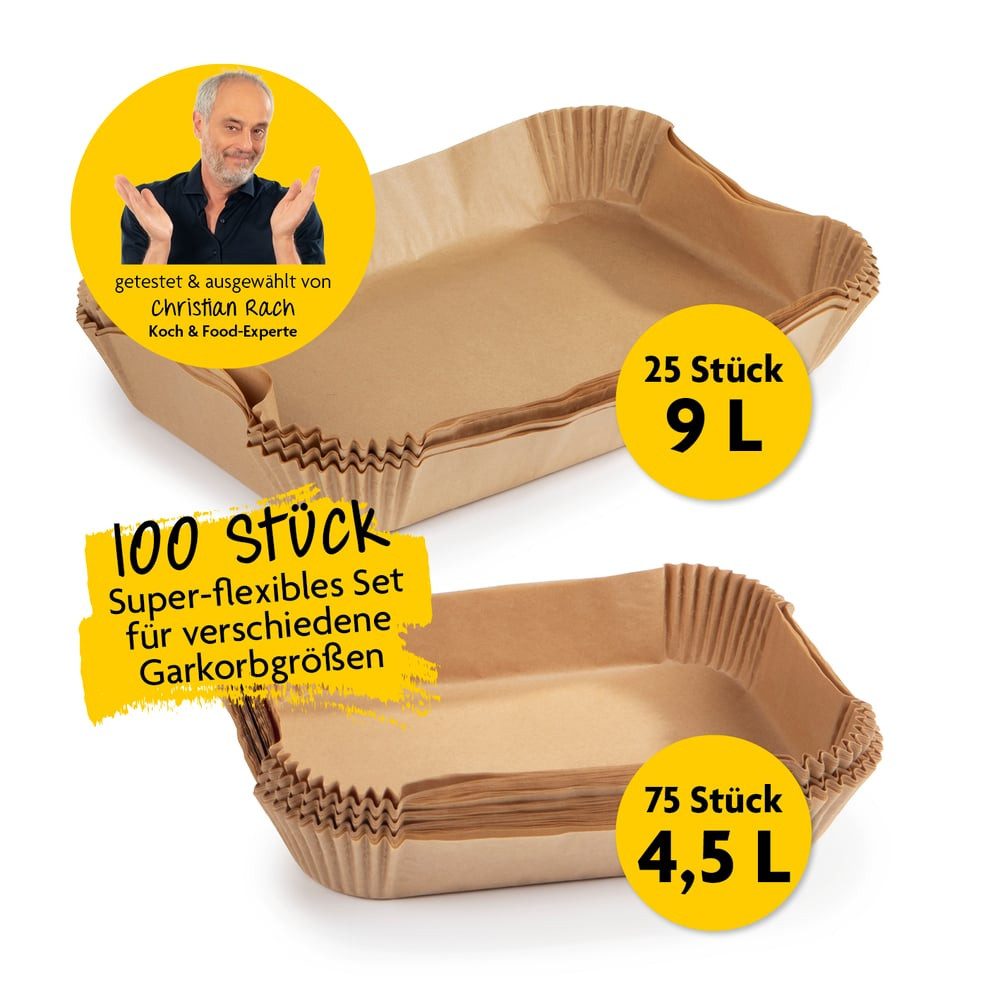 Rachs KOCHWERK Backpapier für Heißluftfritteuse 2er-Set, 4,5 Liter & 9 Liter, 100 Stück, für Airfryer, Backpapierschale antihaftbeschichtet & ölbeständig