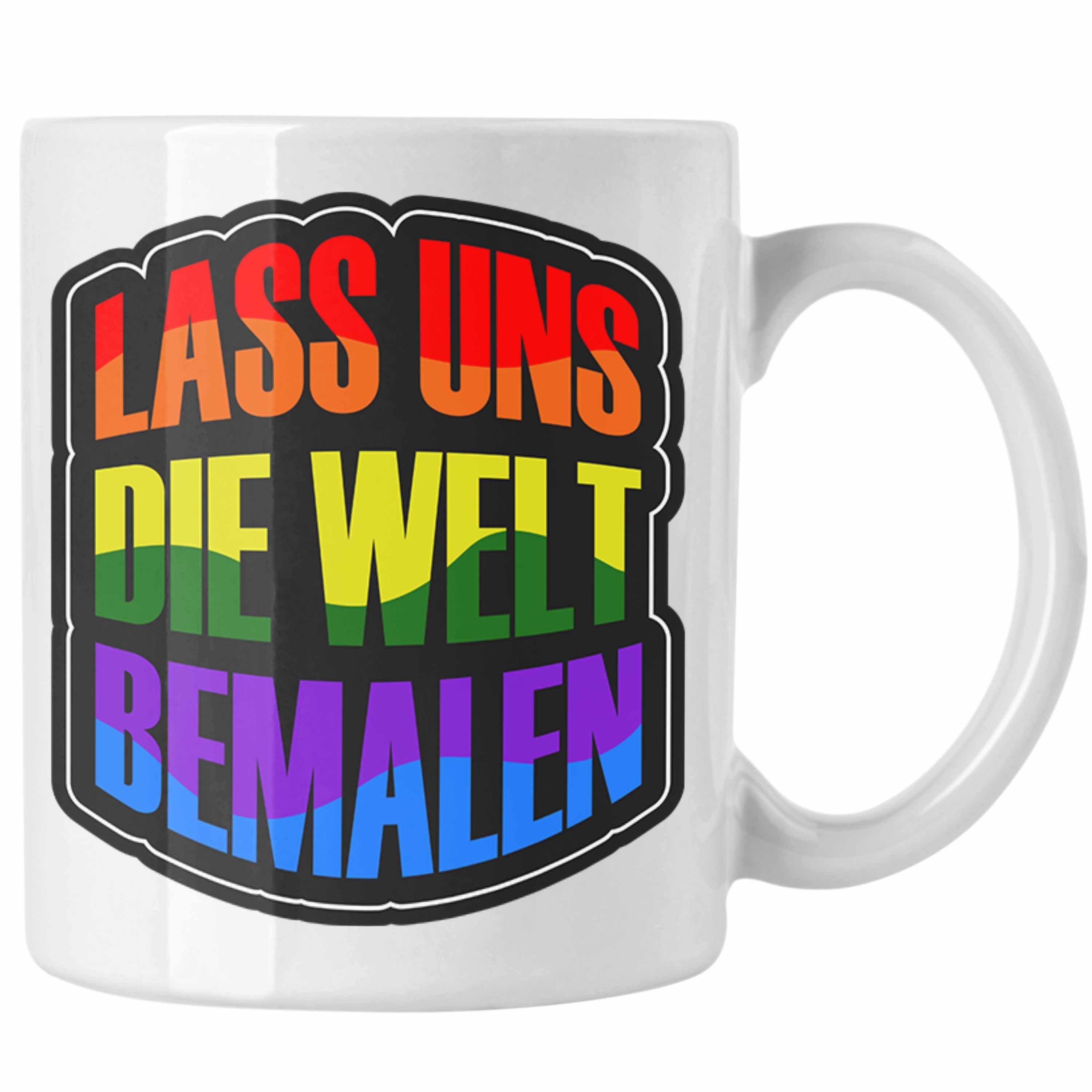 Trendation Tasse Geschenkidee LGBT Tasse "Lass uns die Welt Bemalen" Regenbogenfarben Weiss