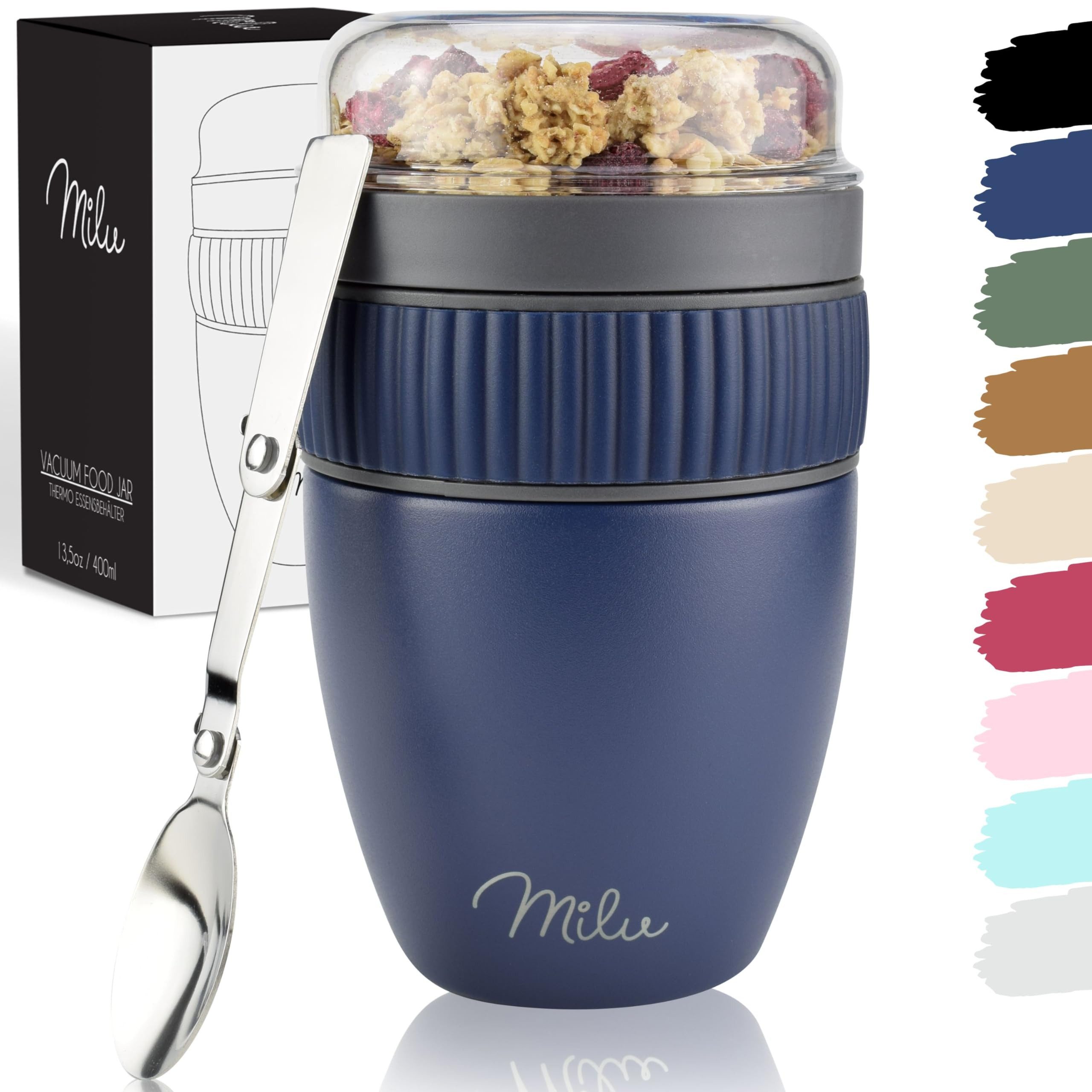 Milu Müslibox to go 400ml - isolierter Edelstahl Joghurtbecher für Müsli, auslaufsicherer Becher mit Löffel für Yoghurt/Porridge