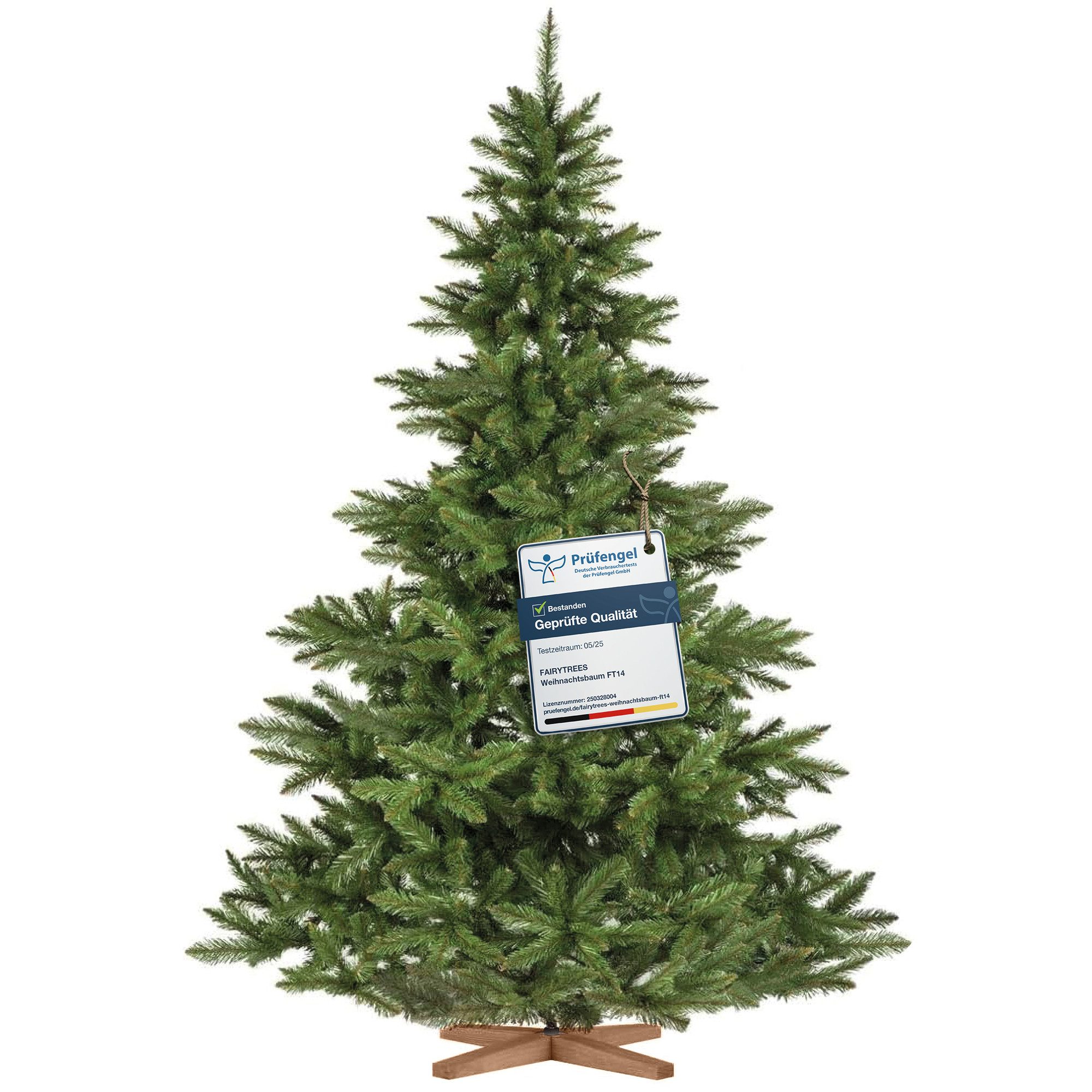 Fairytrees Künstlicher Weihnachtsbaum FT14, Nordmanntanne, grüner Stamm, mit Echtholz Baumständer