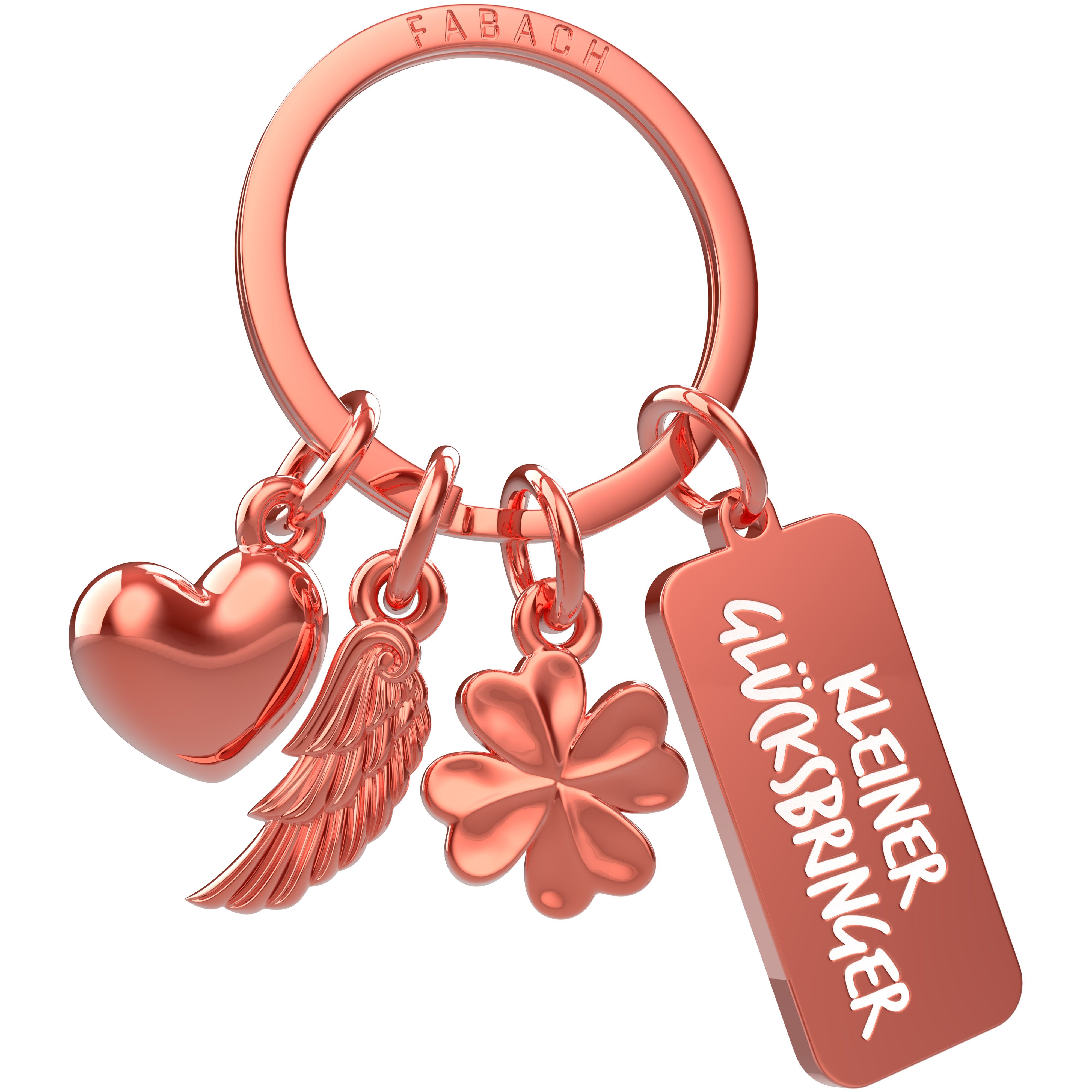 FABACH Schlüsselanhänger 3 Charms mit Gravur - Kleiner Glücksbringer - Schutzengel Geschenk Roségold