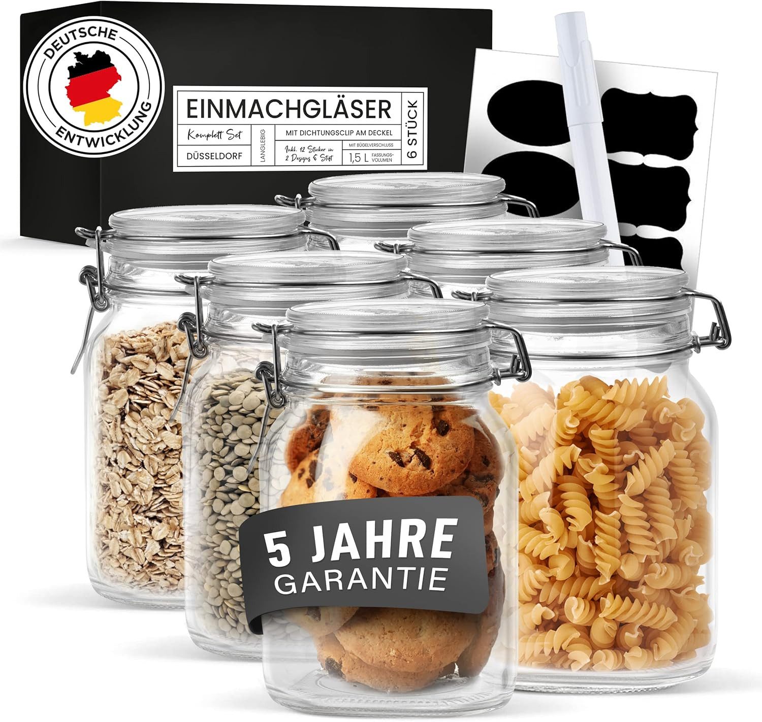 Liebthal Einmachglas 6er Set - Vorratsglas mit Bügelverschluss, luftdicht, eckig, spülmaschinengeeignet, 1,5 L, Stift & Sticker