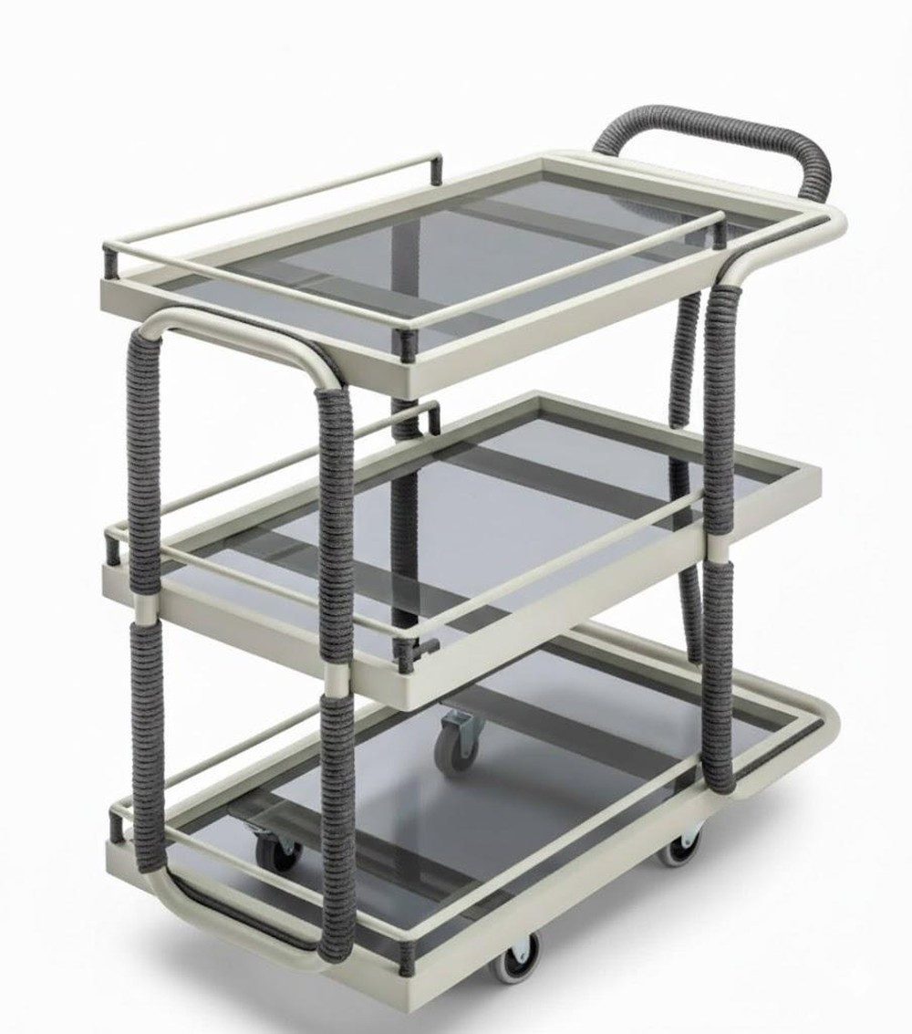 JVmoebel Servierwagen Servierwagen Weiß Grau Farbe Moderner Stil Glasboden Geflecht Räder