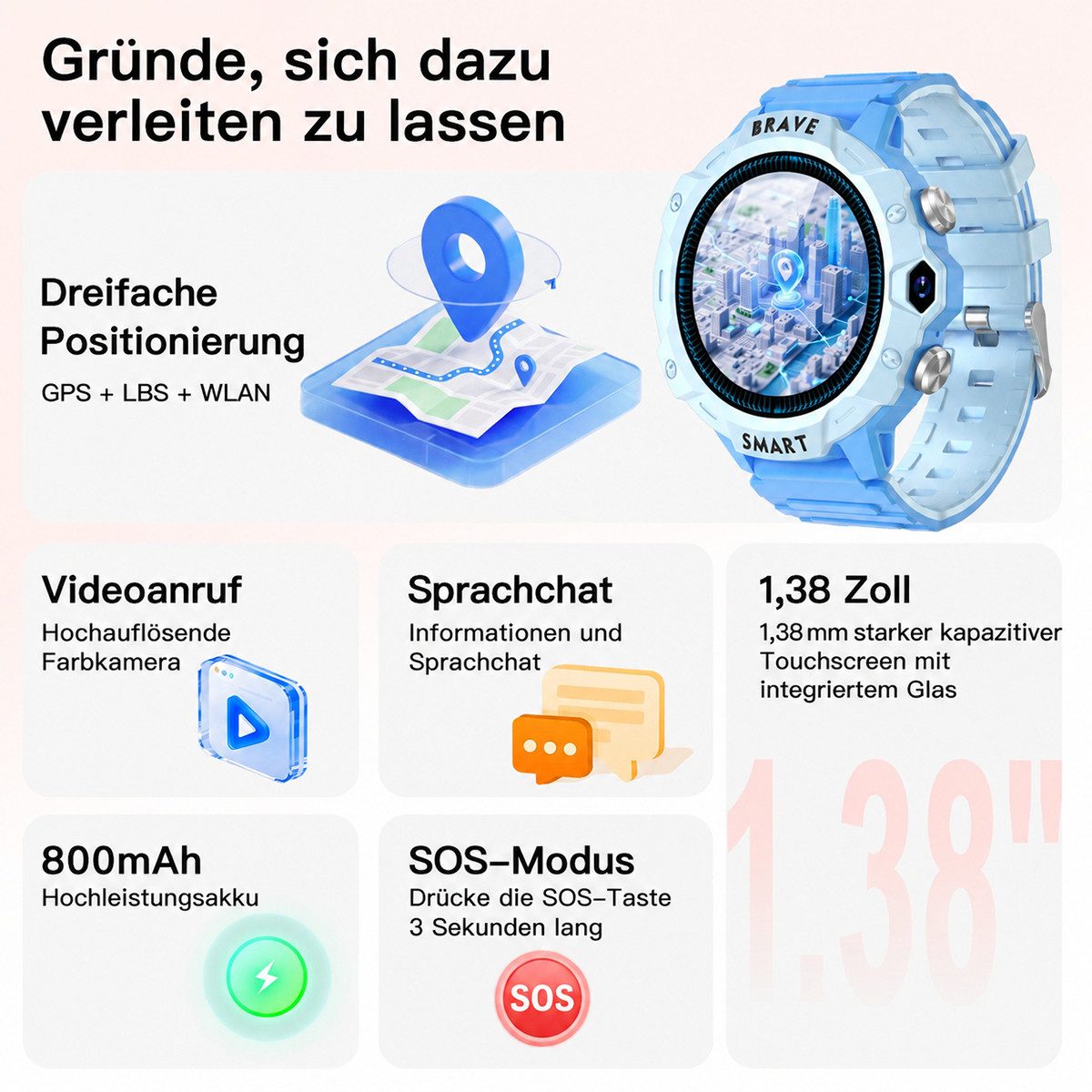 Vashoy Kinder Smartwatch 4G – mit HD-Videoanruf, KI-Echtzeitortung Smartwatch (4 cm/1.38 Zoll, RTOS) Spar-Set, 1-tlg., SOS-Notruf, IP67 wasserdicht, geschlossenes System ohne App-Store, für Jungen und Mädchen im Alter von 5 bis 16 Jahren