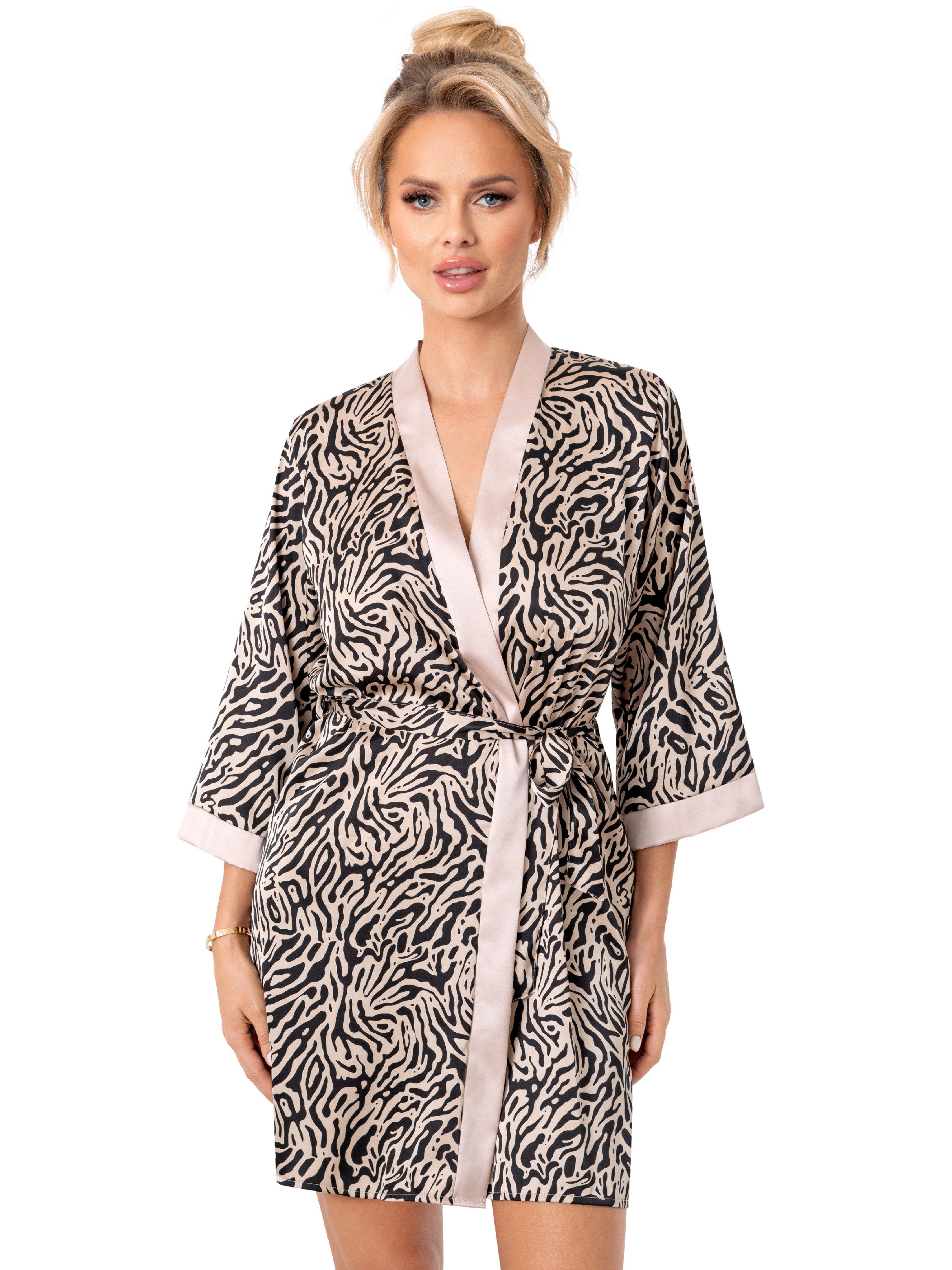 Donna Morgenmantel Kimono aus Satin, Seiden-Satin, Schalkragen, Gürtel, mit farbigem animal-print, Bindegürtel