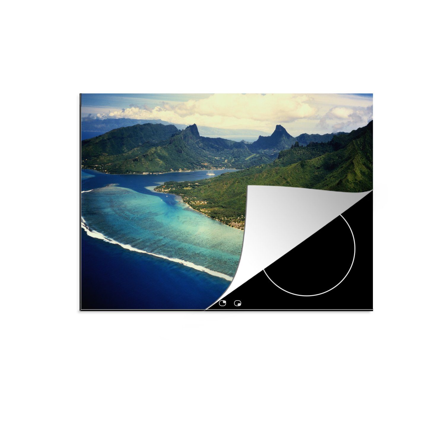 MuchoWow Herdblende-/Abdeckplatte Luftaufnahme der Insel Moorea in Französisch-Polynesien, Vinyl, (1 tlg), 70x52 cm, Mobile Arbeitsfläche nutzbar, Ceranfeldabdeckung