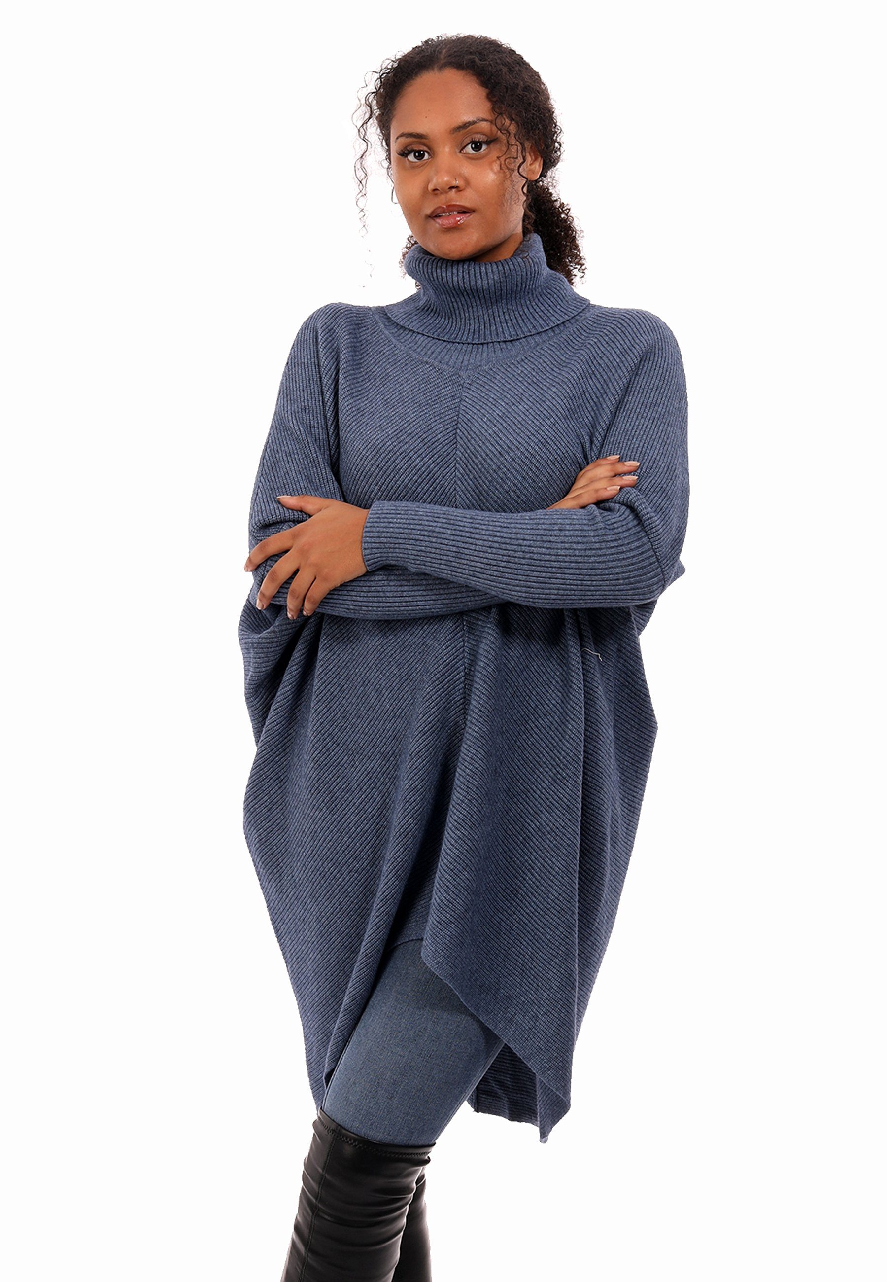 YC Fashion & Style Longpullover Strickpullover asymmetrisch Plus Size mit Rollkragen (1-tlg) in Unifarbe, mit überschnittenen Schultern jeansblau