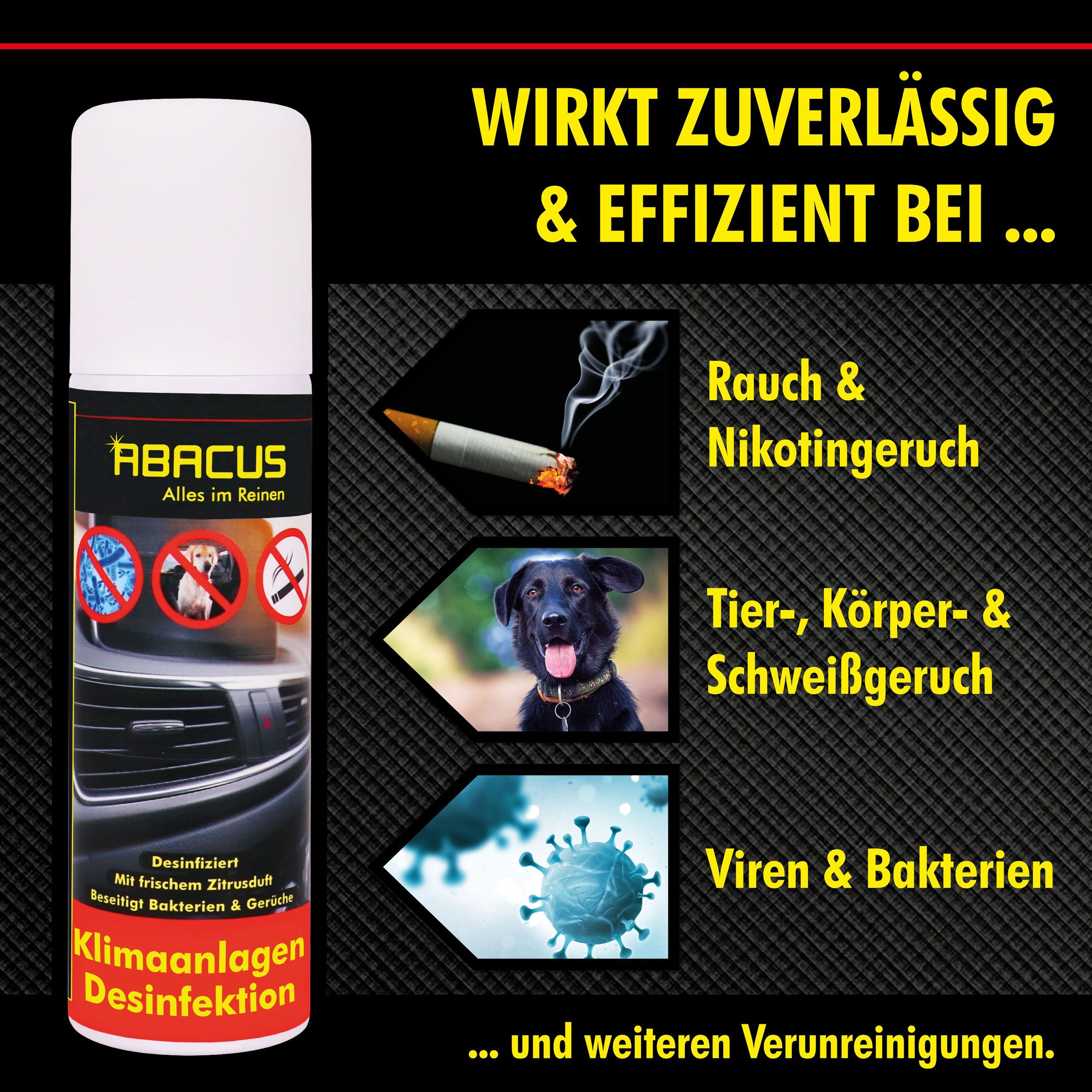 ABACUS Klimaanlagen Desinfektion Auto Klimadesinfektion Oberflächen-Desinfektionsmittel (Schnell und Effektiv, [- Selbstwirkend Produkt arbeitet selbstständig)