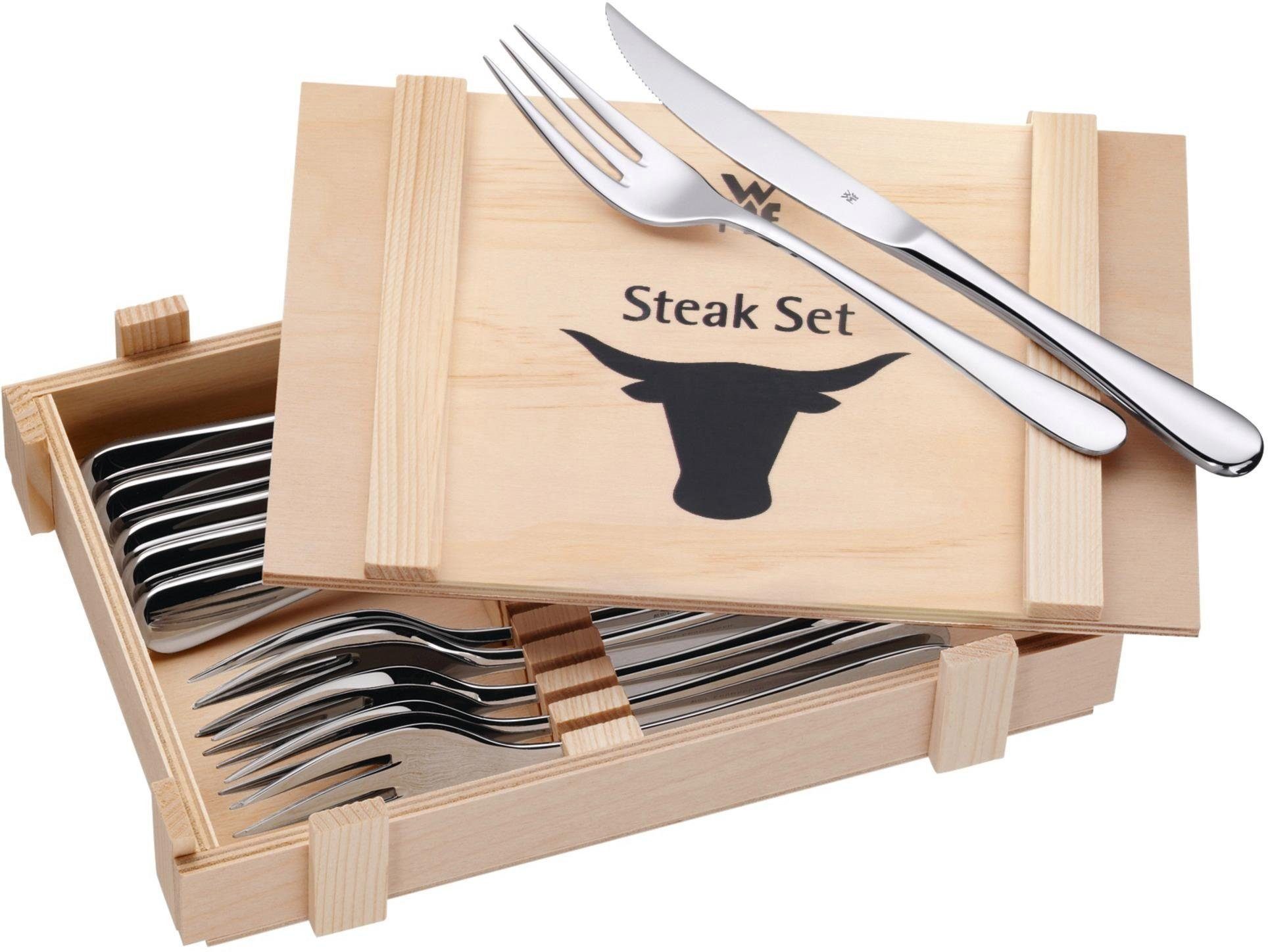 WMF Steakbesteck inklusive Holzkiste, Monobloc, Wellenschliff, auch als Pizzabesteck (12-tlg), 6 Personen, Cromargan® Edelstahl Rostfrei 18/10, spülmaschinengeeignet, formstabil, hygienisch und säurefest