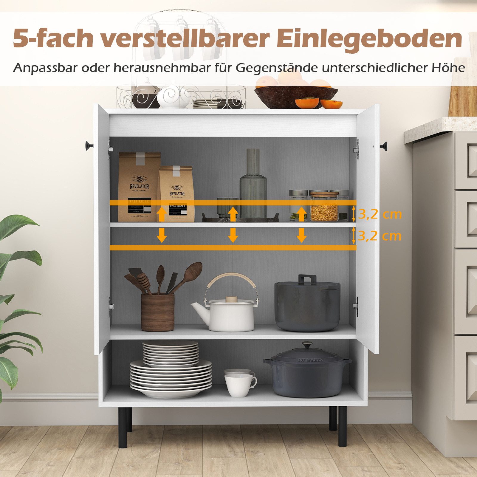 COSTWAY Sideboard, Holz, Küchenschrank mit verstellbaren Ablagen Anrichteschrank
