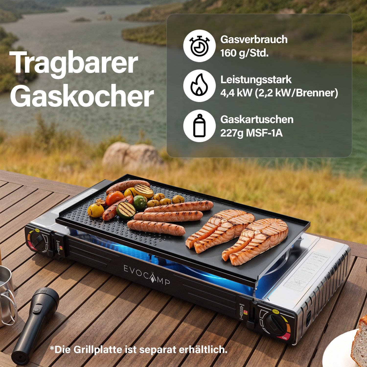 EVOCAMP Gaskocher 2-flammig mit Piezozündung und Tragekoffer für 227 Gaskartuschen, (ohne Kartuschen, 1-St), 2 Brenner mit je 2,2 kW