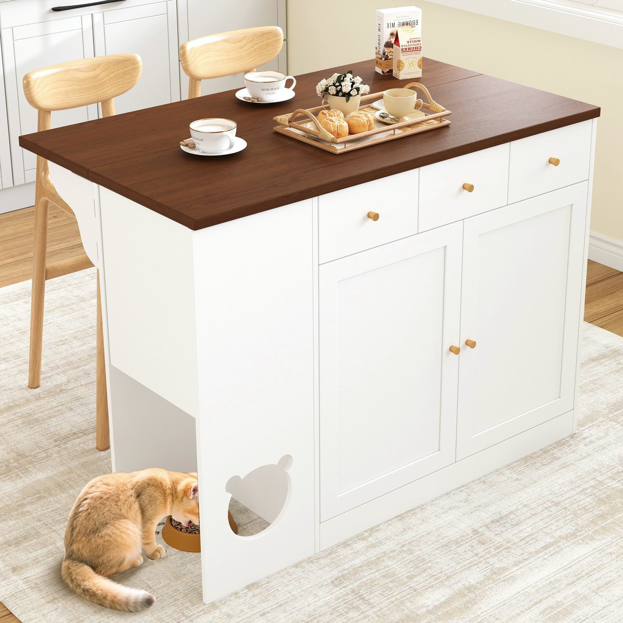 Celya Кухніinsel Кухніinsel, Кухніwagen & Sideboard mit Schubladen, (Weiß + Nussbaumfarbe, 120×(40+30)×90 cm), mit ausziehbarer Arbeitsplatte, Würzregal, Haustierfressbereich