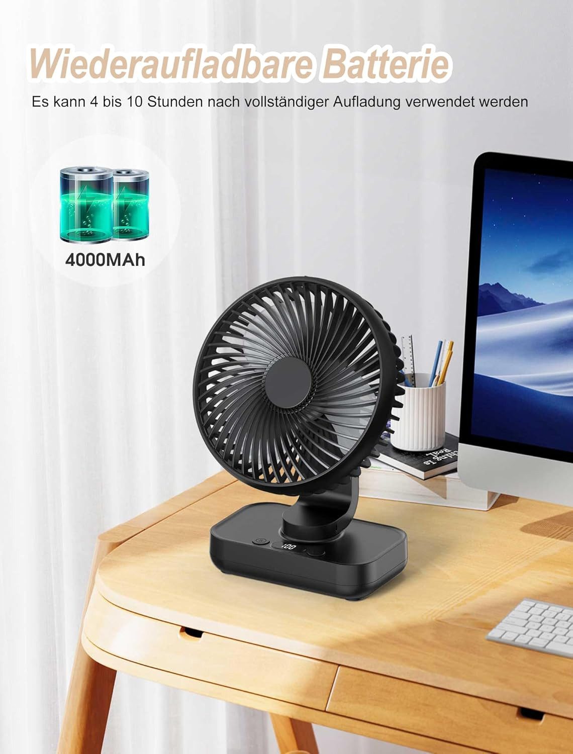 FELIXLEO Akku-Ventilator Tischventilator Leise USB Akku 4000mAh Oszillierend 4 Stufen – Bild 3 von 5