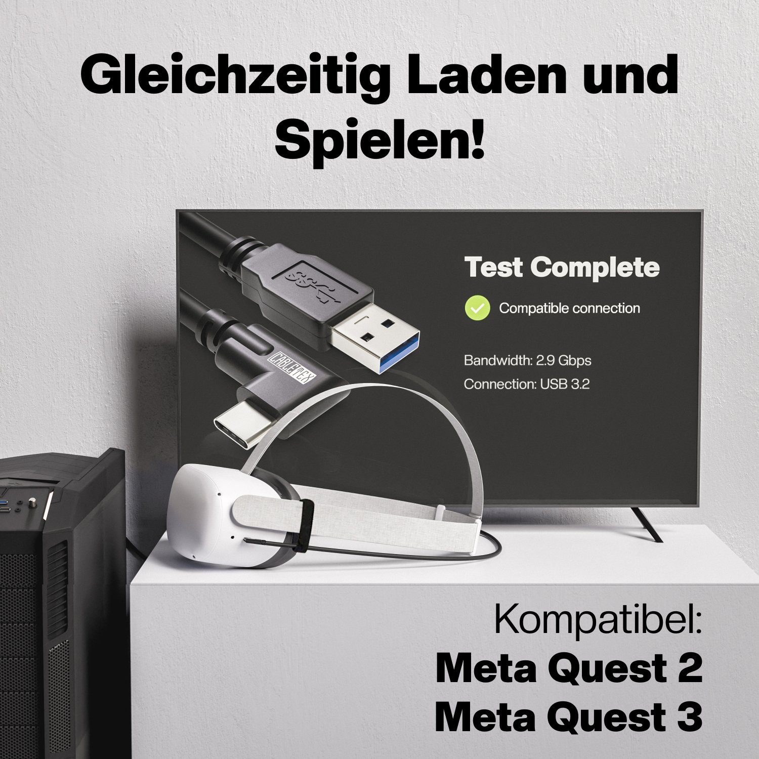 CABLETEX 5m USB C & A für Meta Quest 3, Quest 2 Link Kabel, VR Brillen USB 3.2 Gaming-Controllerkabel, USB-A, Standard-USB, USB A, USB-C, USB C (500 cm), Winkelstecker