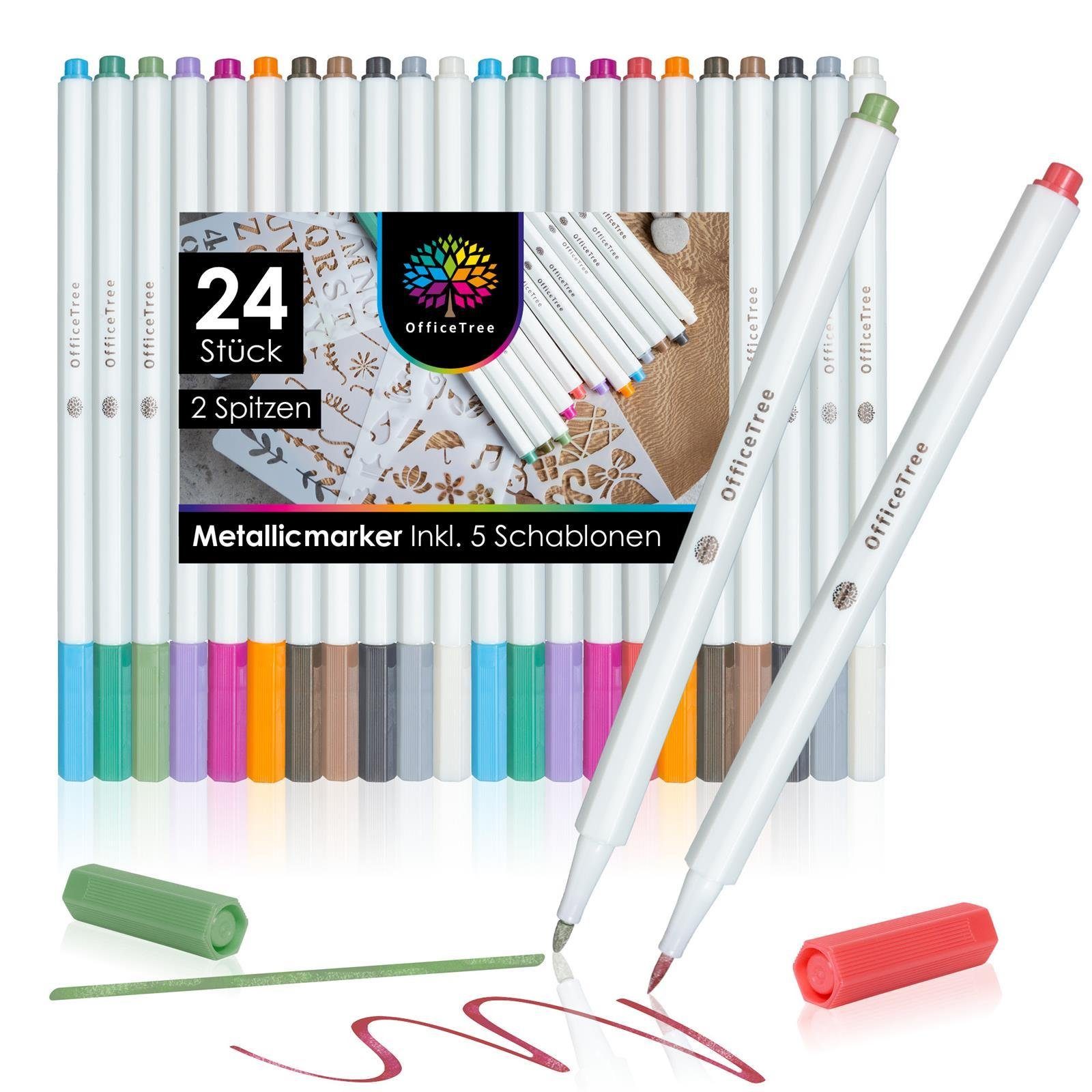 OfficeTree Marker OfficeTree Metallic Stifte 24 Stück mit Schablonen (wp), (24er Set), auf Wasserbasis zum Zeichnen Malen Basteln