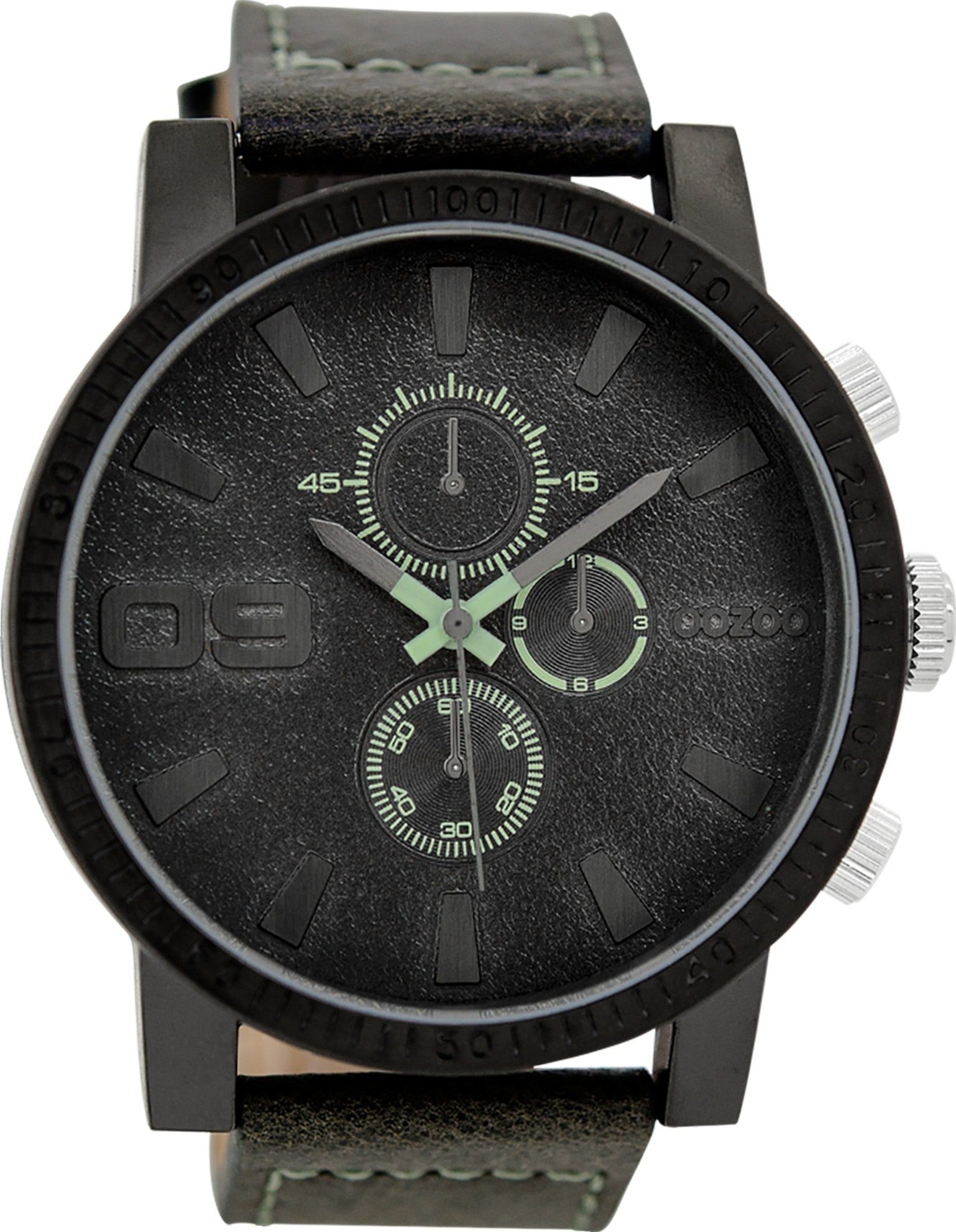 OOZOO Quarzuhr Oozoo Herren schwarz Herrenuhr grau-grüne Analog, Armbanduhr rund, (ca. extra Casual-Style, groß 50mm) Lederarmband, Zeiger